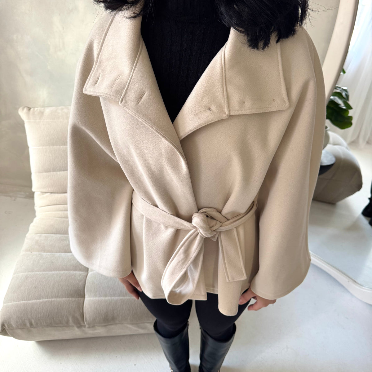 Hala Beige High Neck Belted Poncho Coat