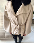 Hala Beige High Neck Belted Poncho Coat