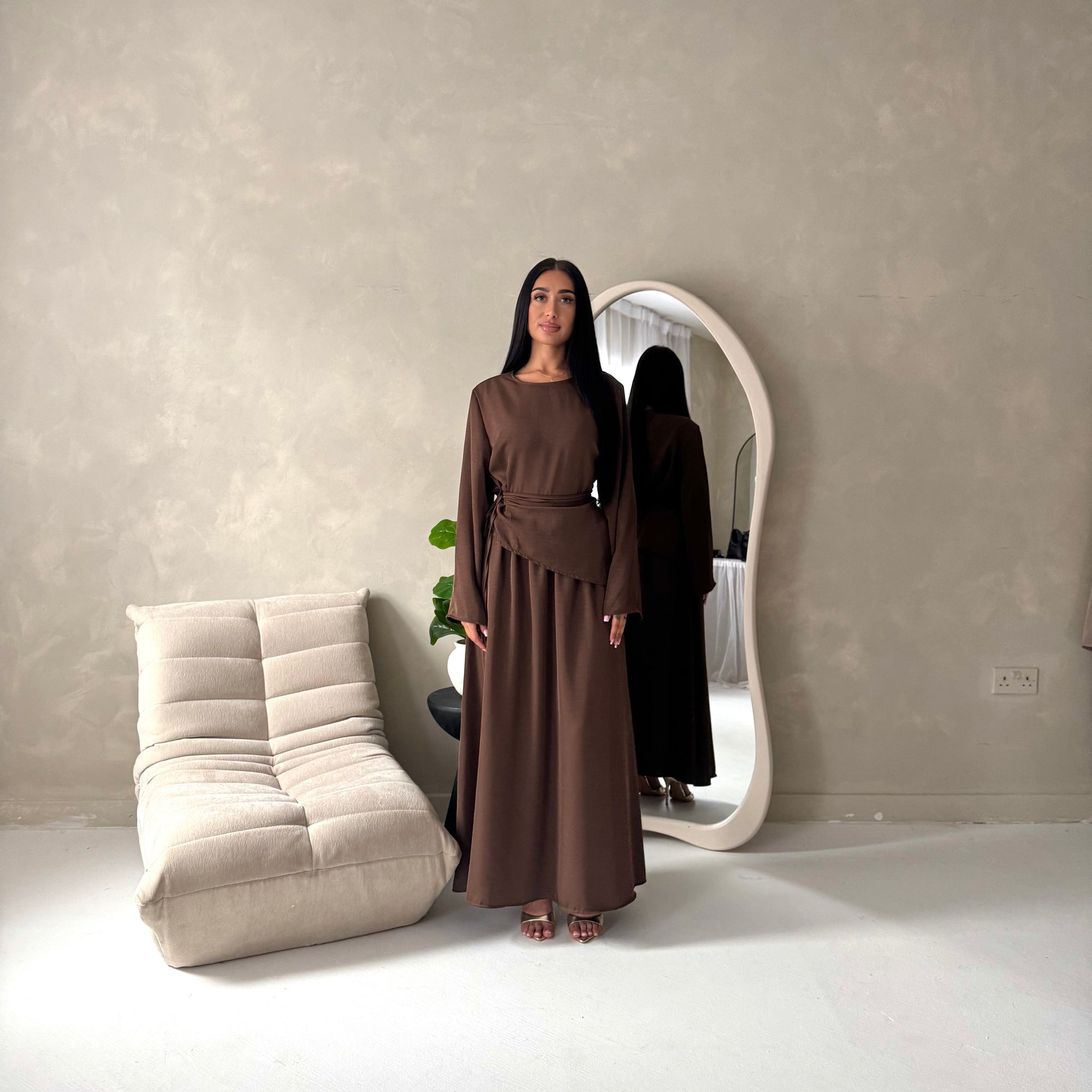 Vienna Brown Plain Soft Satin Tie back Skirt Co Ord Set