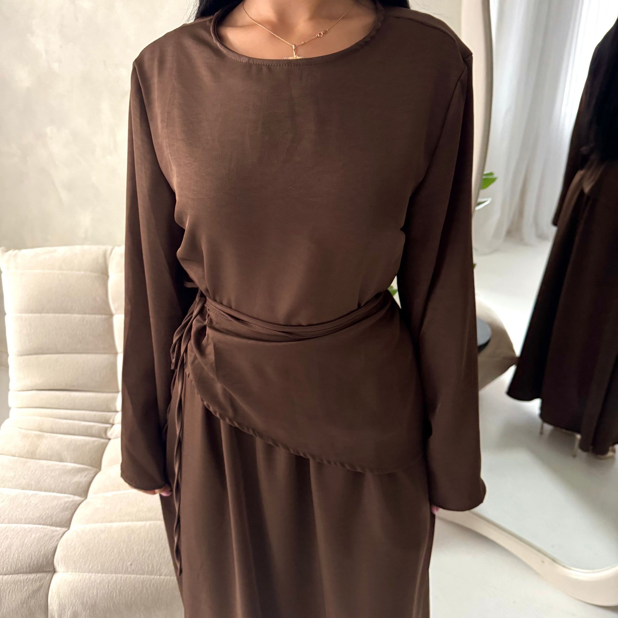 Vienna Brown Plain Soft Satin Tie back Skirt Co Ord Set