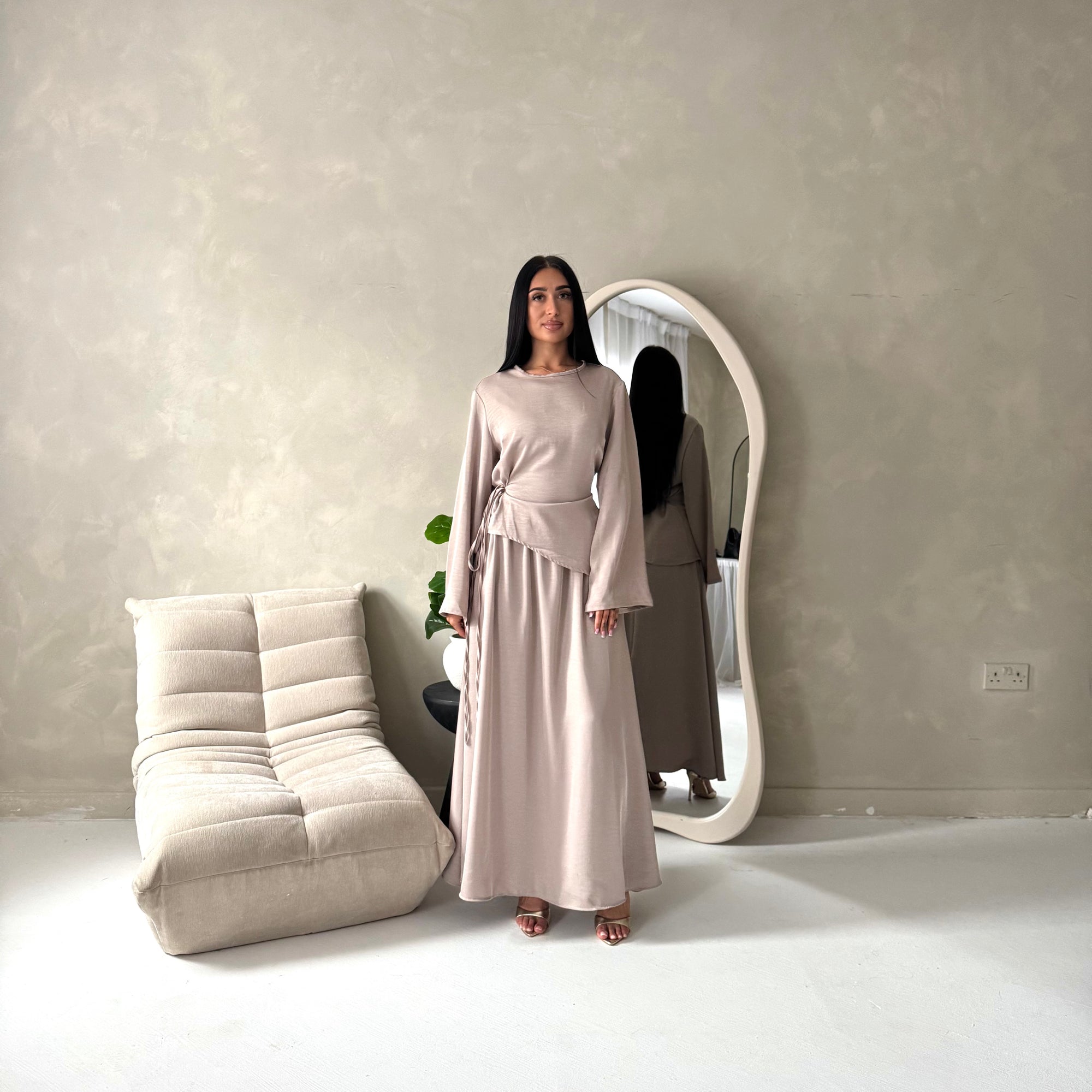 Vienna Mocha Plain Soft Satin Tie back Skirt Co Ord Set