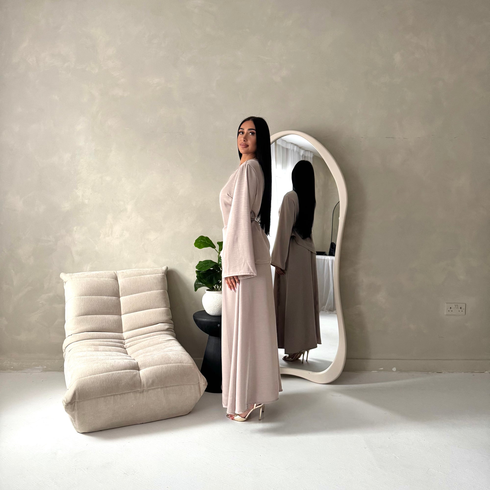 Vienna Mocha Plain Soft Satin Tie back Skirt Co Ord Set