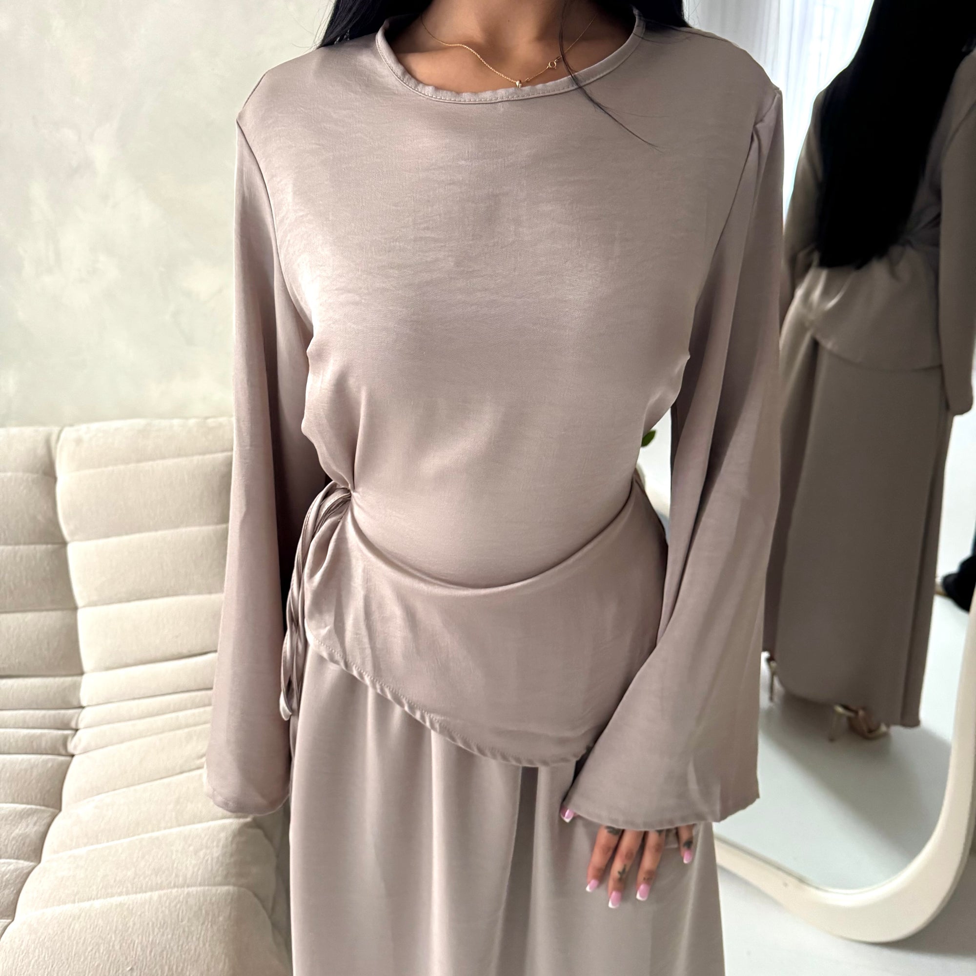 Vienna Mocha Plain Soft Satin Tie back Skirt Co Ord Set