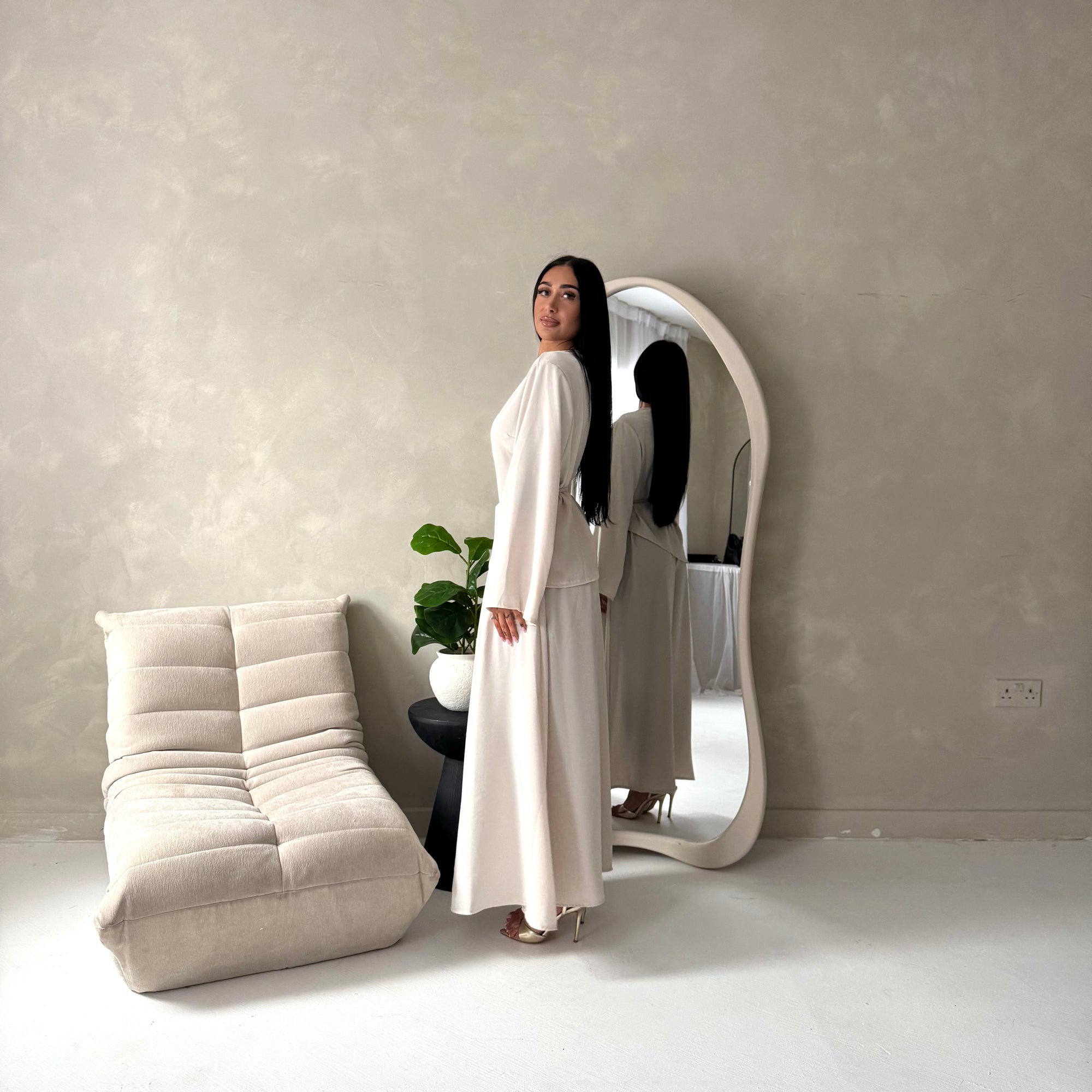 Vienna Beige Plain Soft Satin Tie back Skirt Co Ord Set