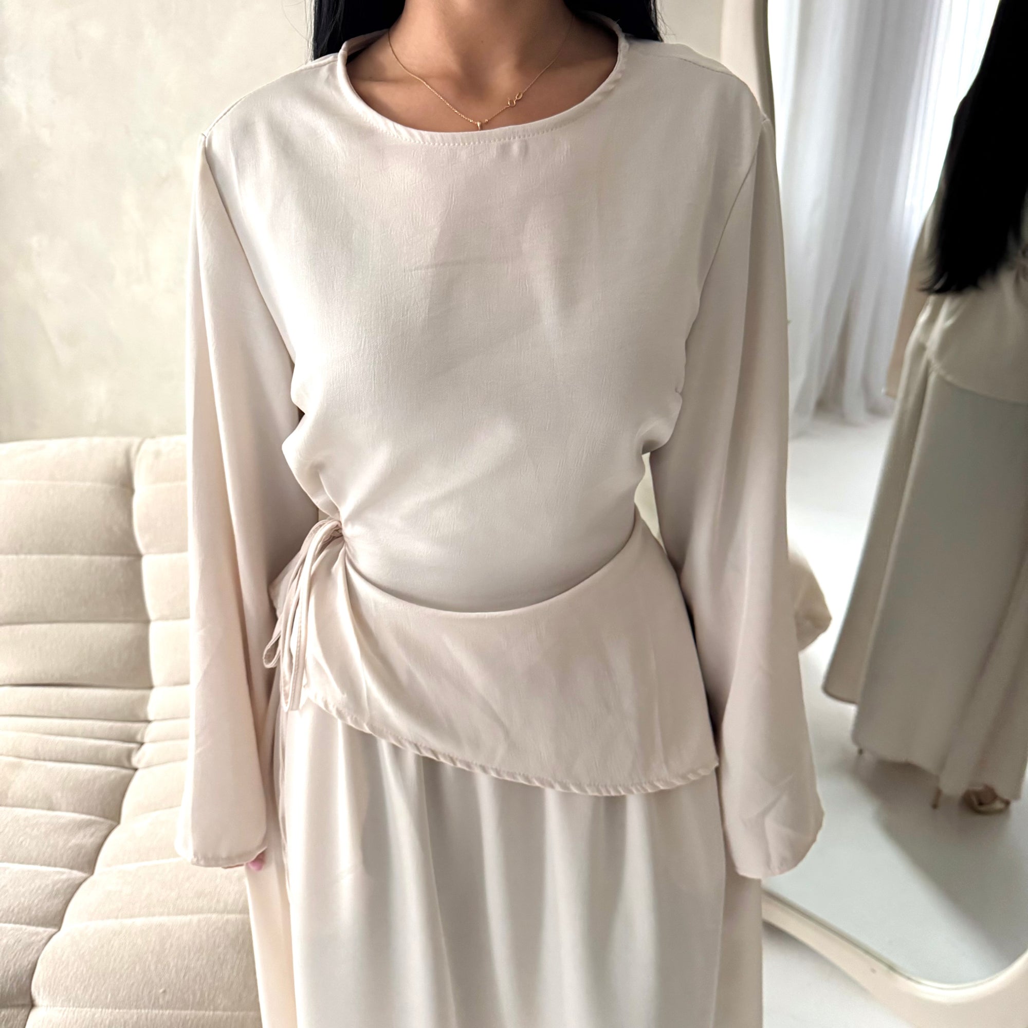 Vienna Beige Plain Soft Satin Tie back Skirt Co Ord Set