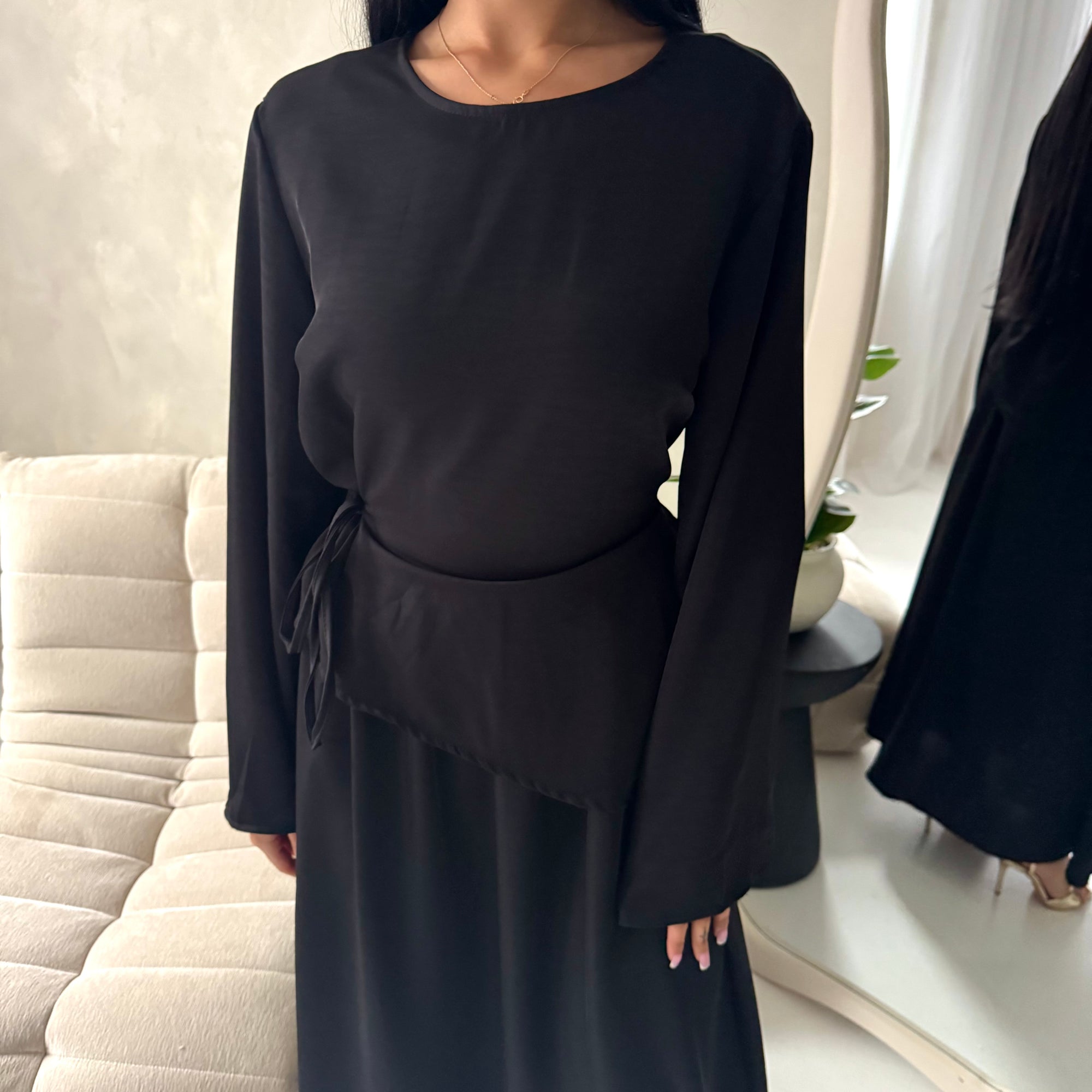 Vienna Black Plain Soft Satin Tie back Skirt Co Ord Set