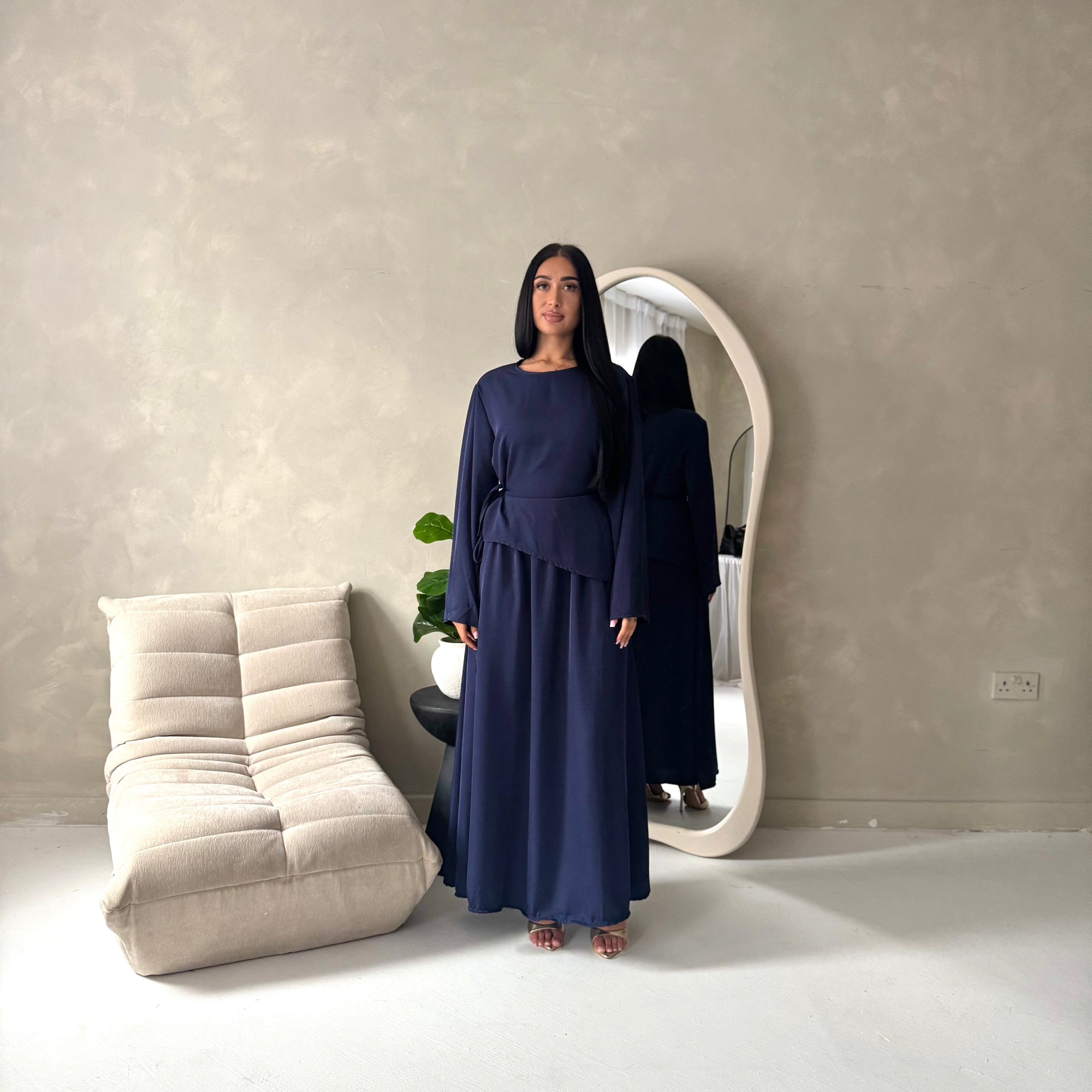 Vienna Navy Plain Soft Satin Tie back Skirt Co Ord Set