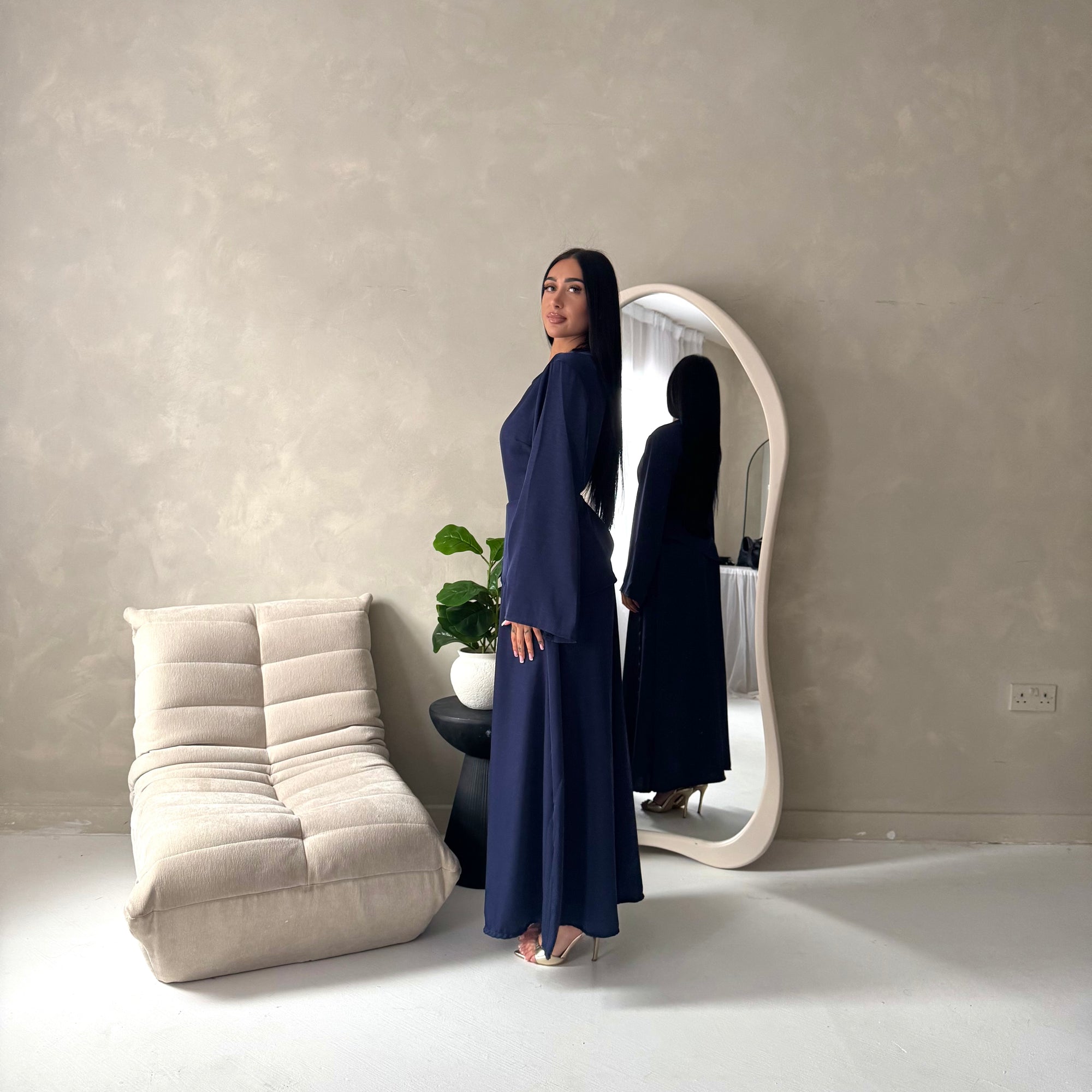 Vienna Navy Plain Soft Satin Tie back Skirt Co Ord Set