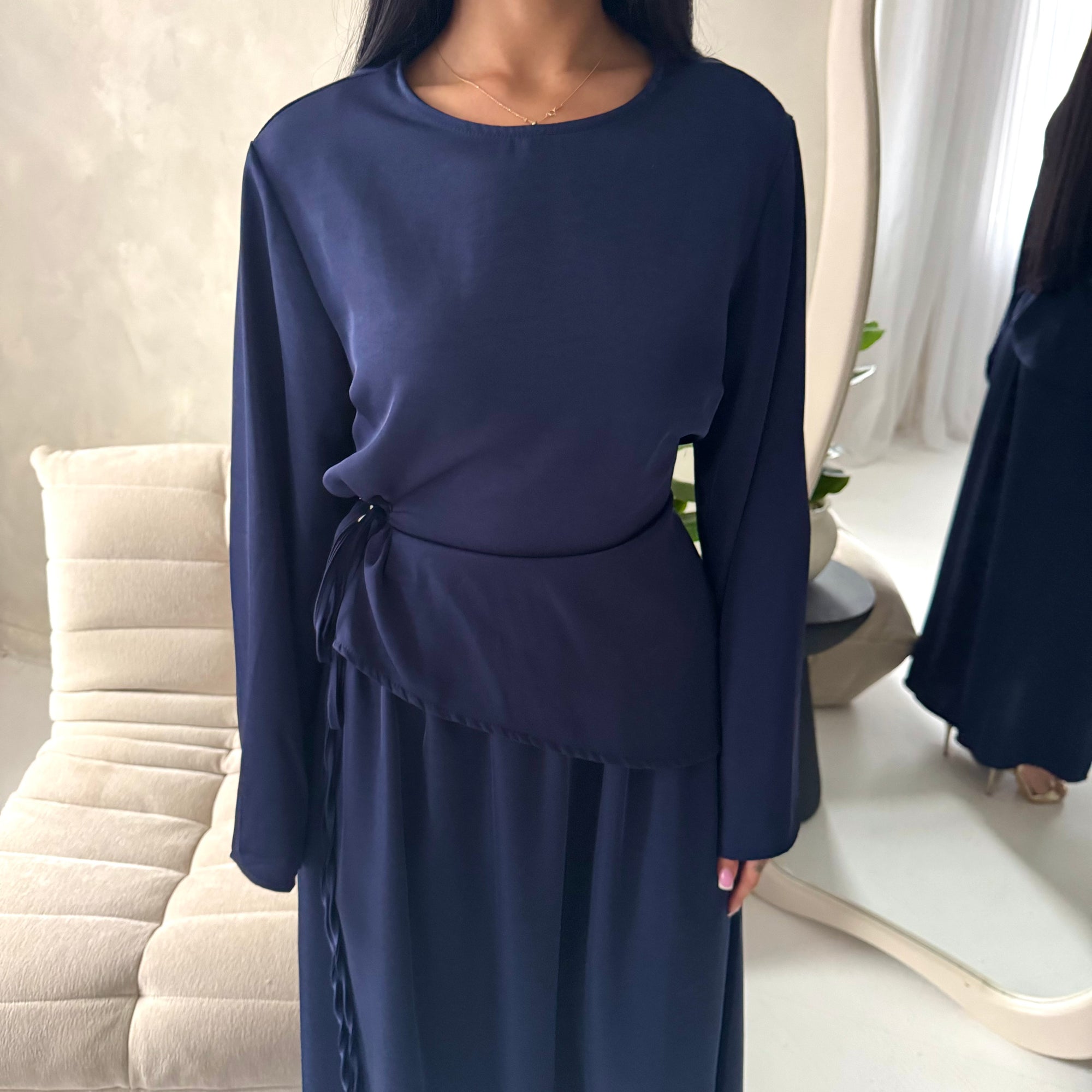 Vienna Navy Plain Soft Satin Tie back Skirt Co Ord Set