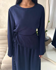 Vienna Navy Plain Soft Satin Tie back Skirt Co Ord Set