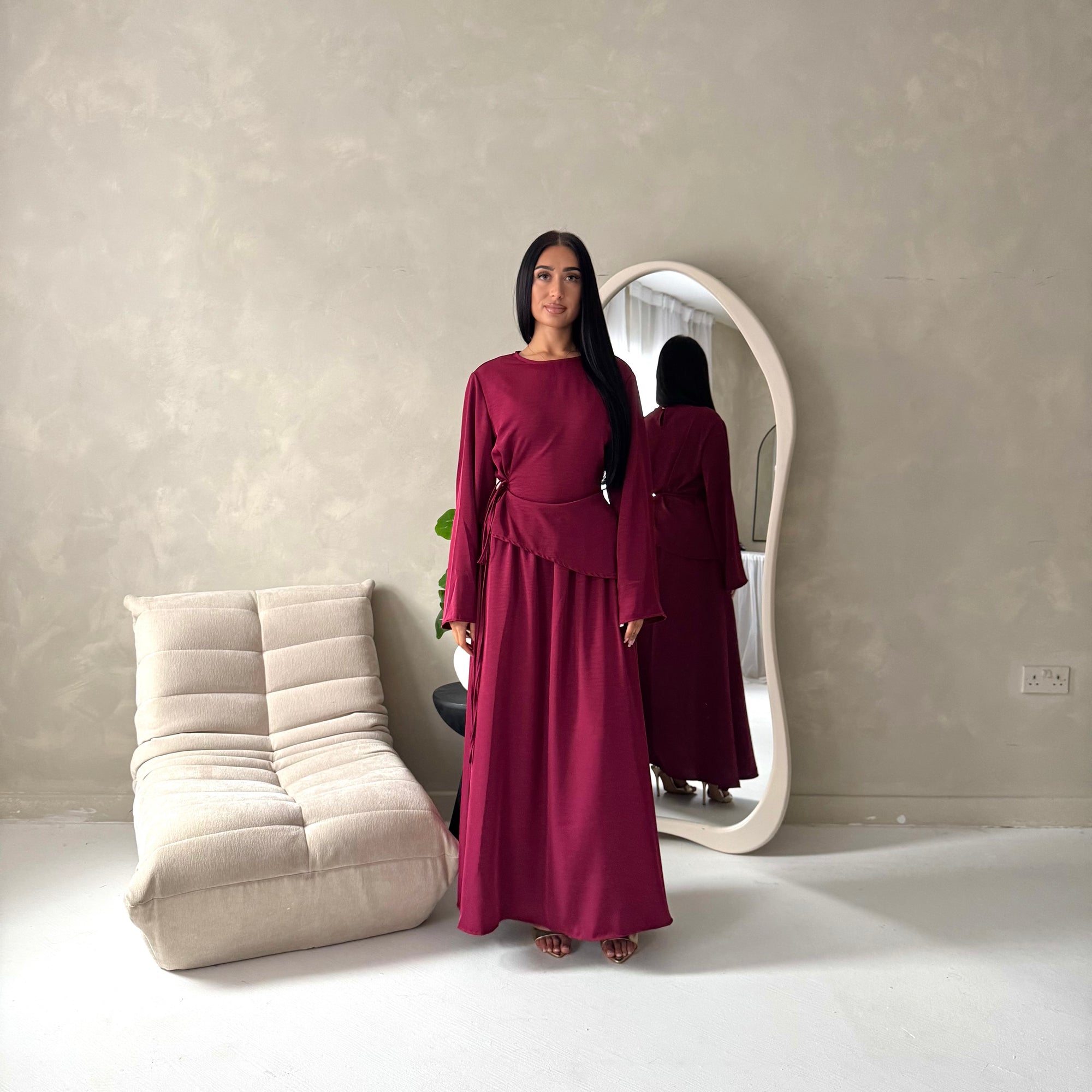 Vienna Wine Plain Soft Satin Tie back Skirt Co Ord Set