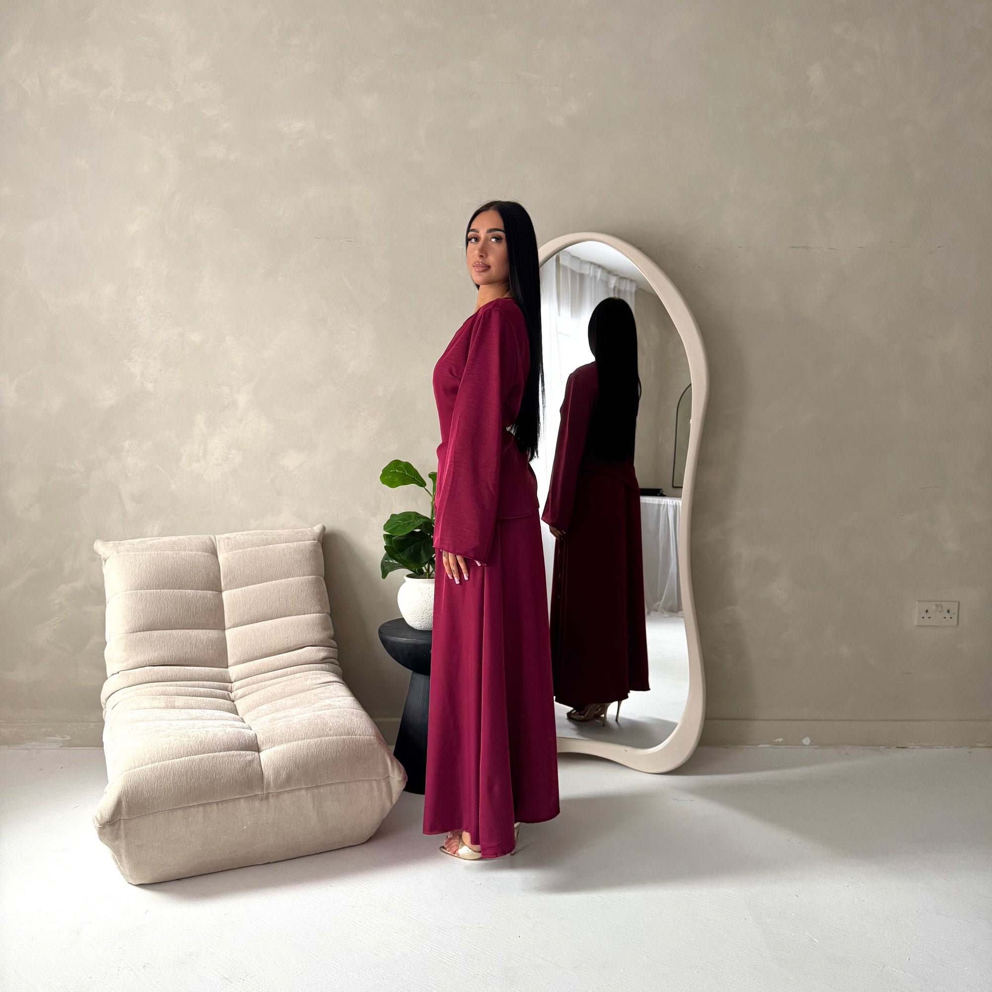 Vienna Wine Plain Soft Satin Tie back Skirt Co Ord Set