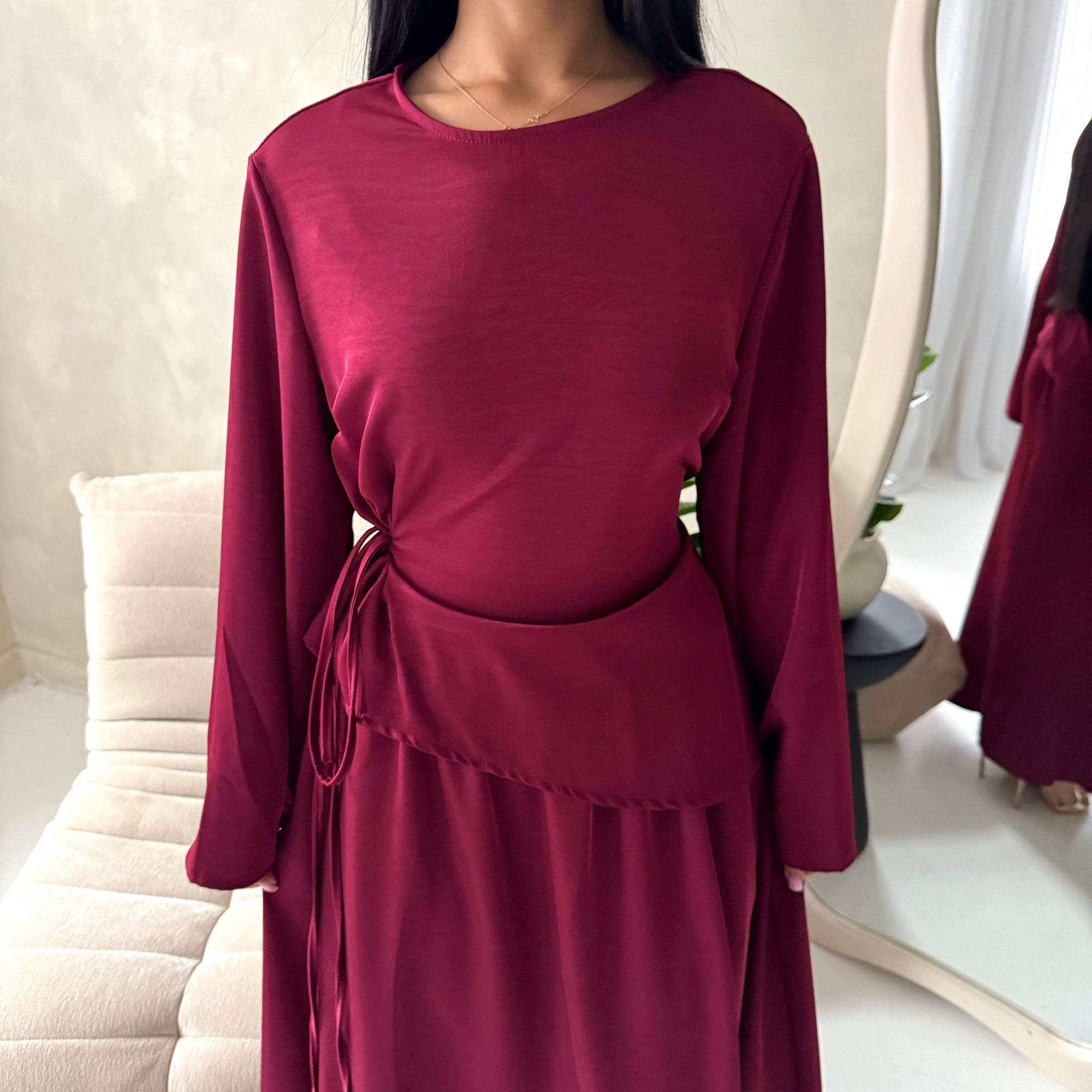 Vienna Wine Plain Soft Satin Tie back Skirt Co Ord Set