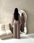 Fria Mocha Plain Soft Satin Wrap Trouser Co Ord Set