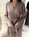 Fria Mocha Plain Soft Satin Wrap Trouser Co Ord Set