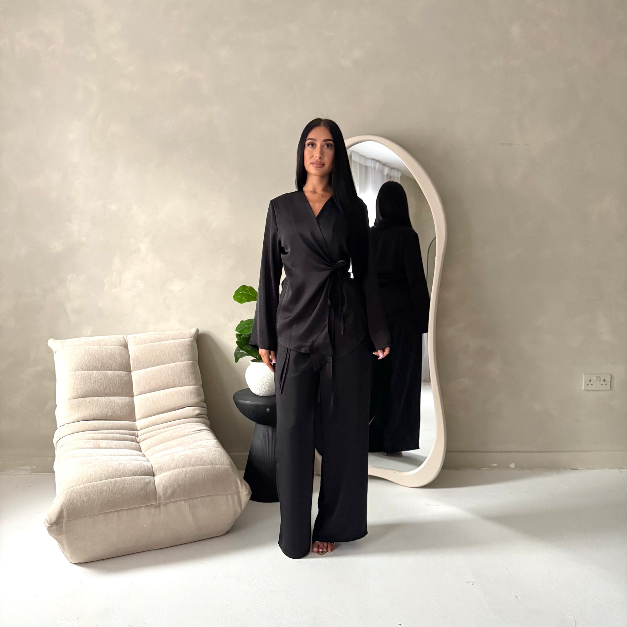 Fria Black Plain Soft Satin Wrap Trouser Co Ord Set
