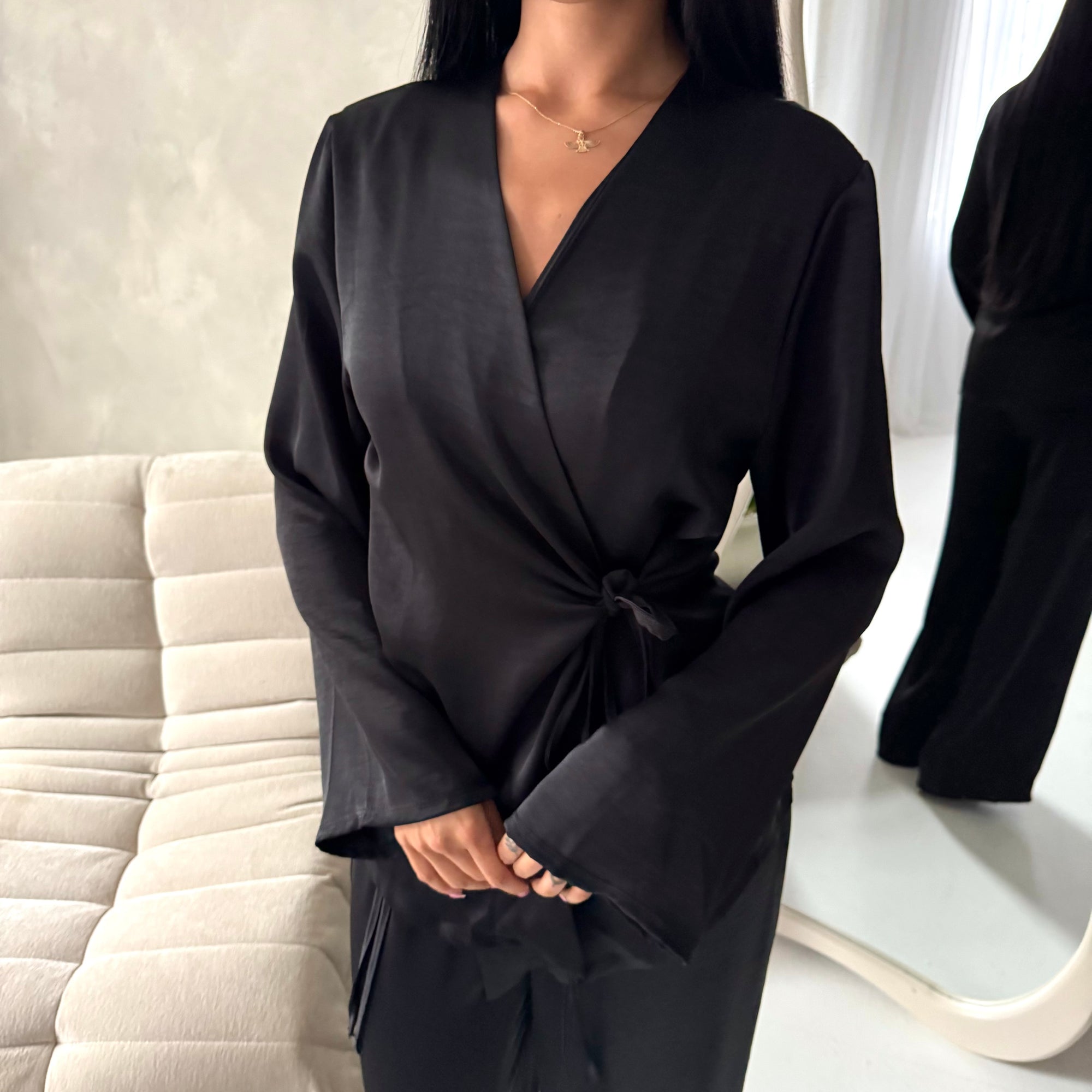 Fria Black Plain Soft Satin Wrap Trouser Co Ord Set