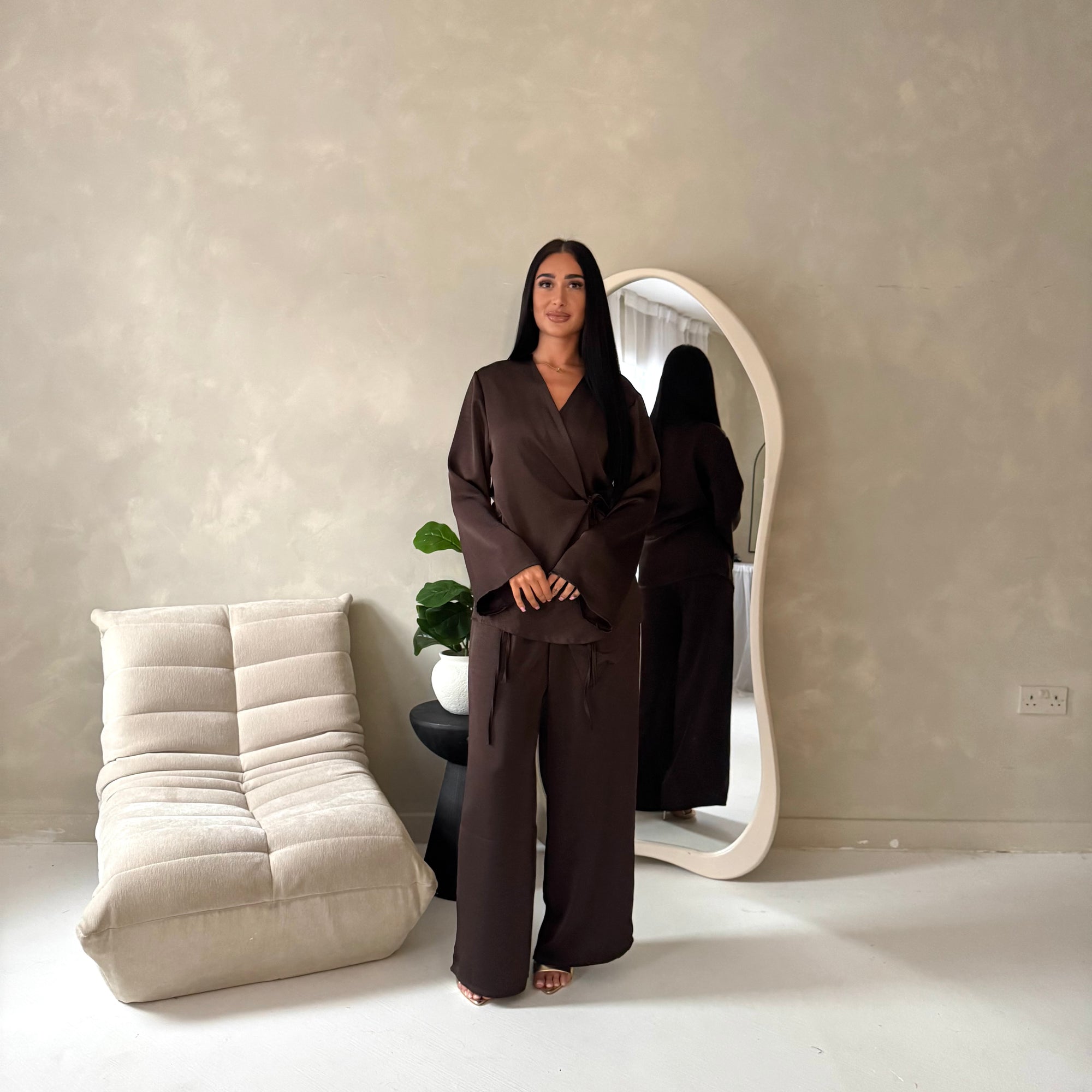 Fria Brown Plain Soft Satin Wrap Trouser Co Ord Set
