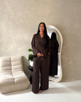 Fria Brown Plain Soft Satin Wrap Trouser Co Ord Set