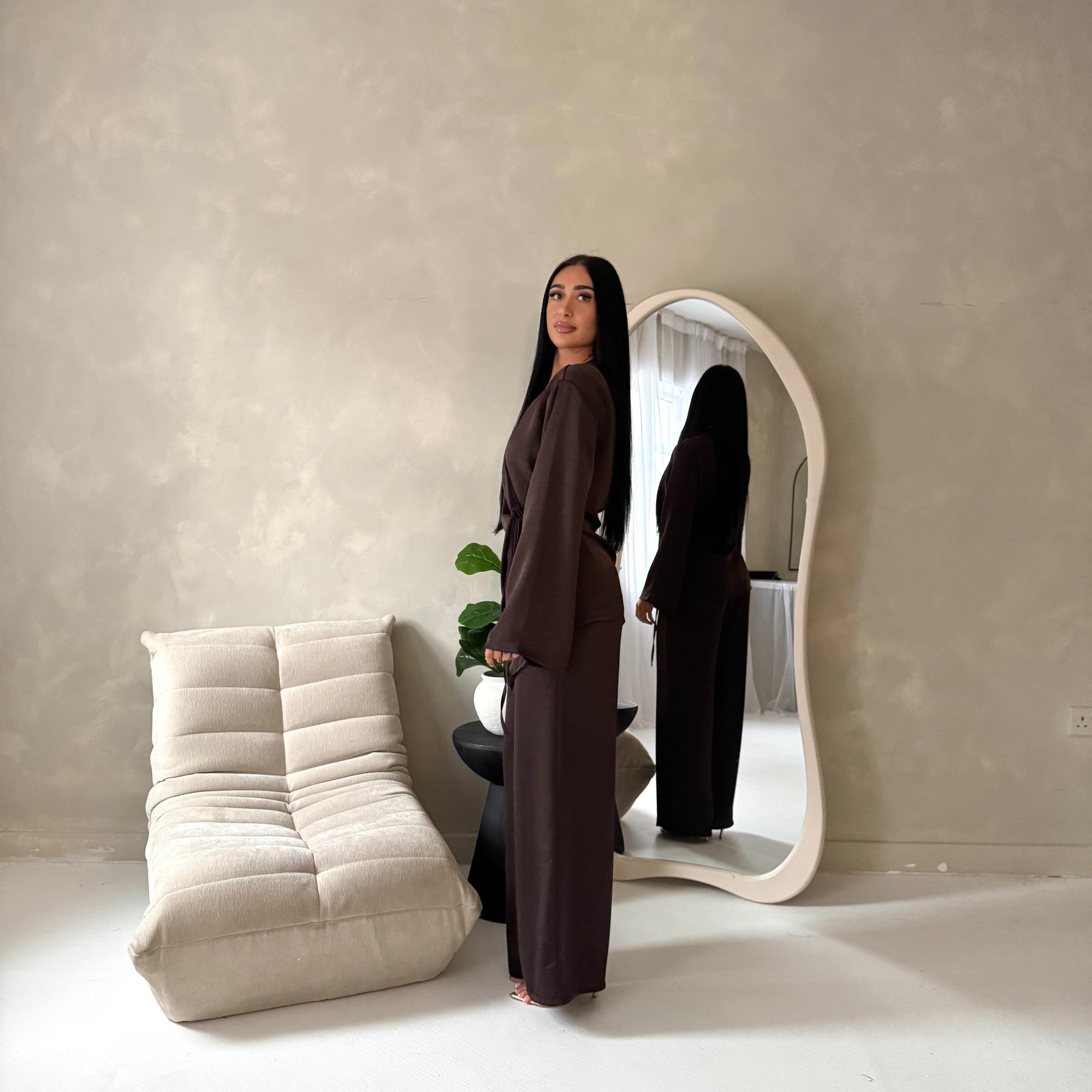 Fria Brown Plain Soft Satin Wrap Trouser Co Ord Set