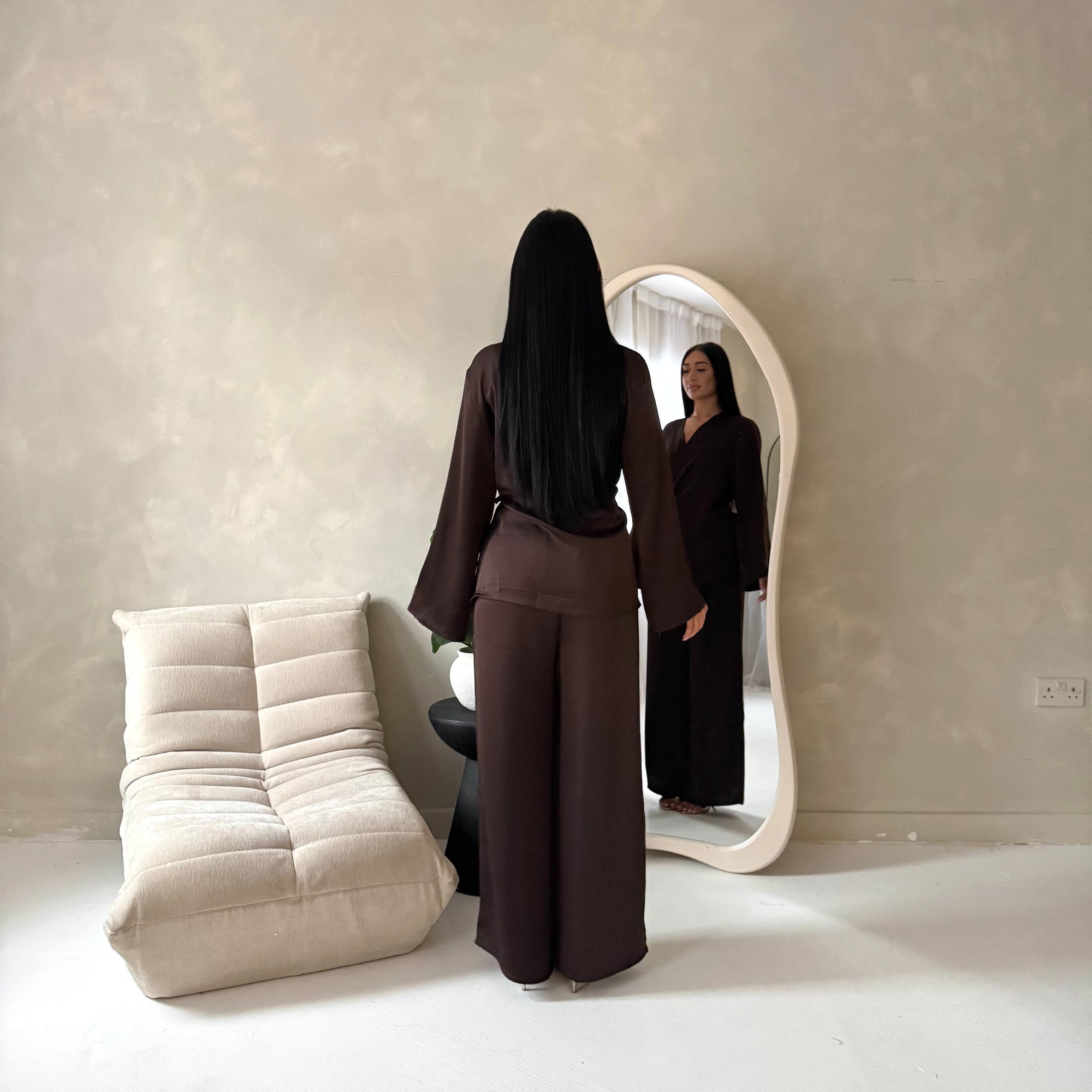 Fria Brown Plain Soft Satin Wrap Trouser Co Ord Set