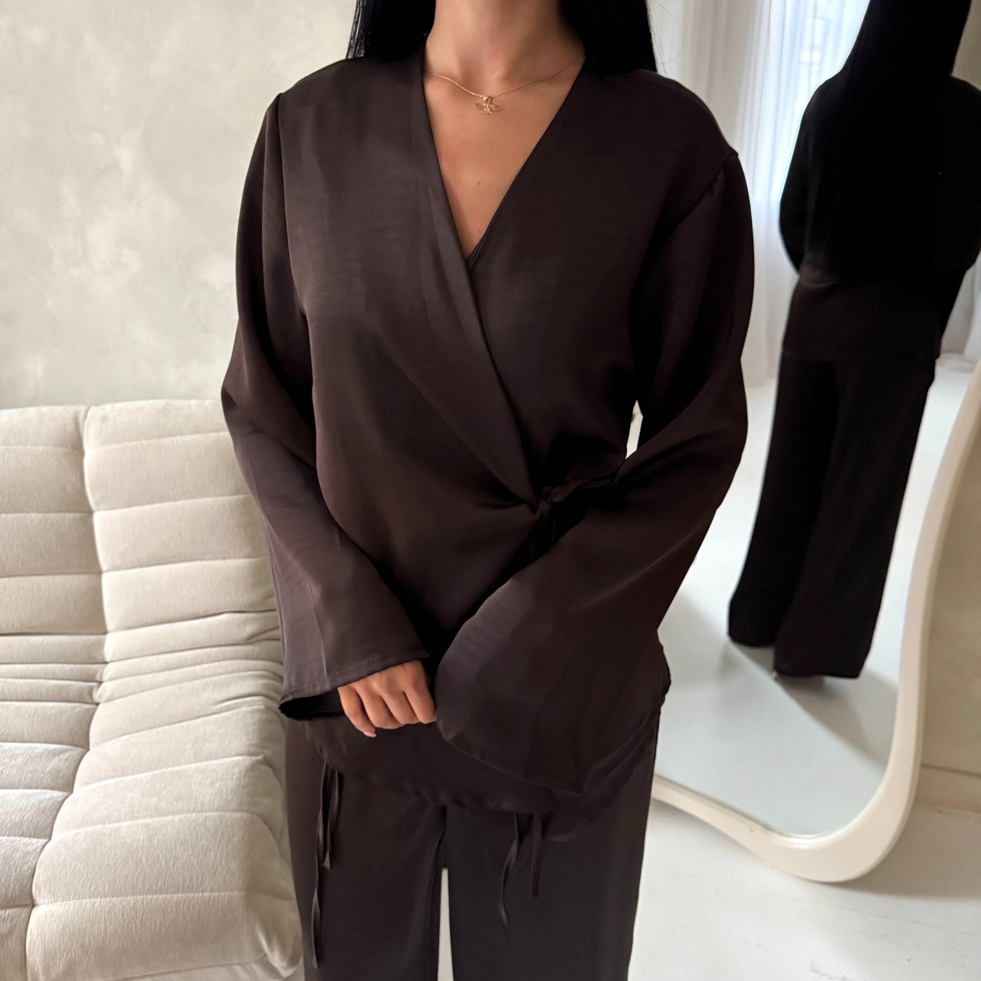 Fria Brown Plain Soft Satin Wrap Trouser Co Ord Set