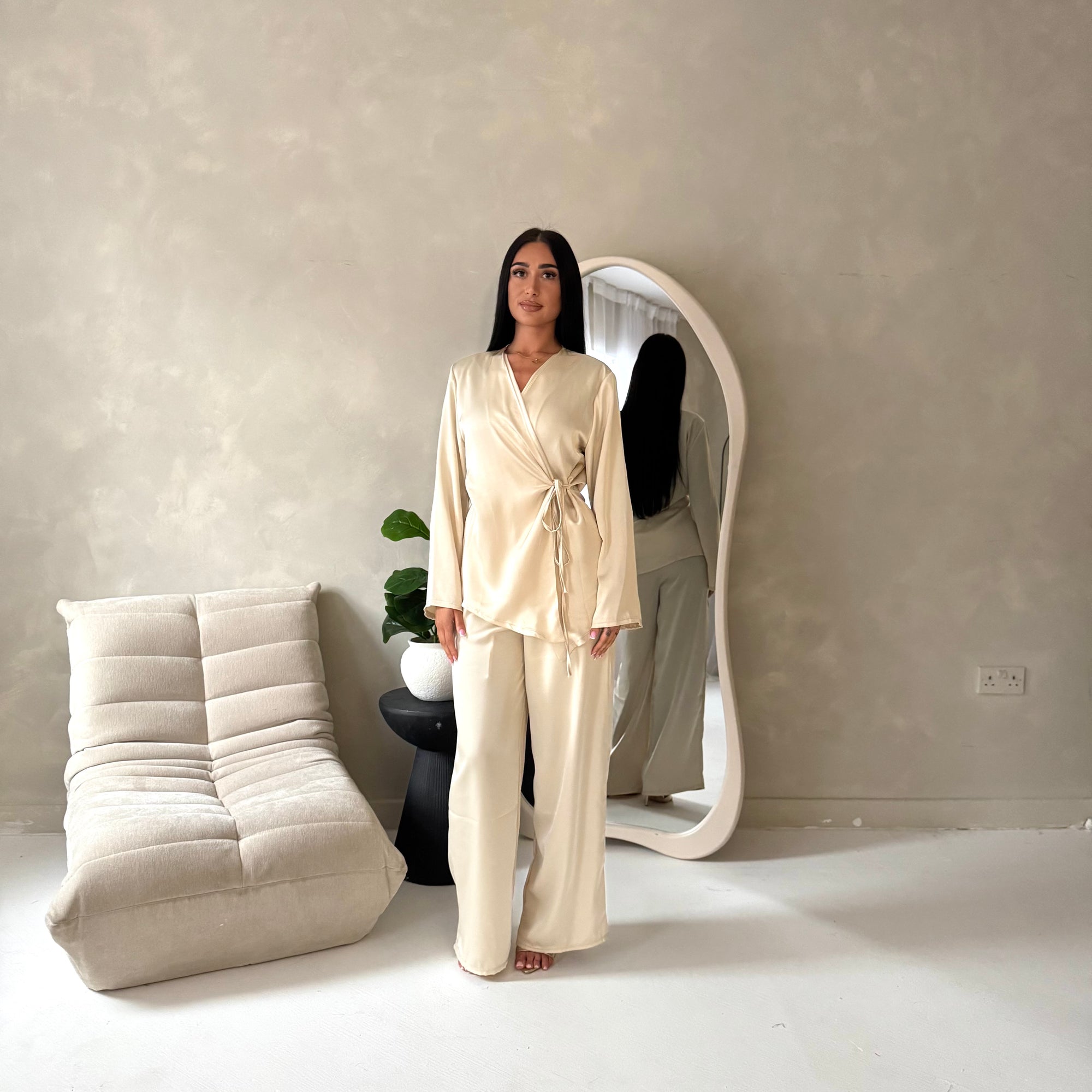 Fria Beige Plain Soft Satin Wrap Trouser Co Ord Set