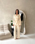 Fria Beige Plain Soft Satin Wrap Trouser Co Ord Set