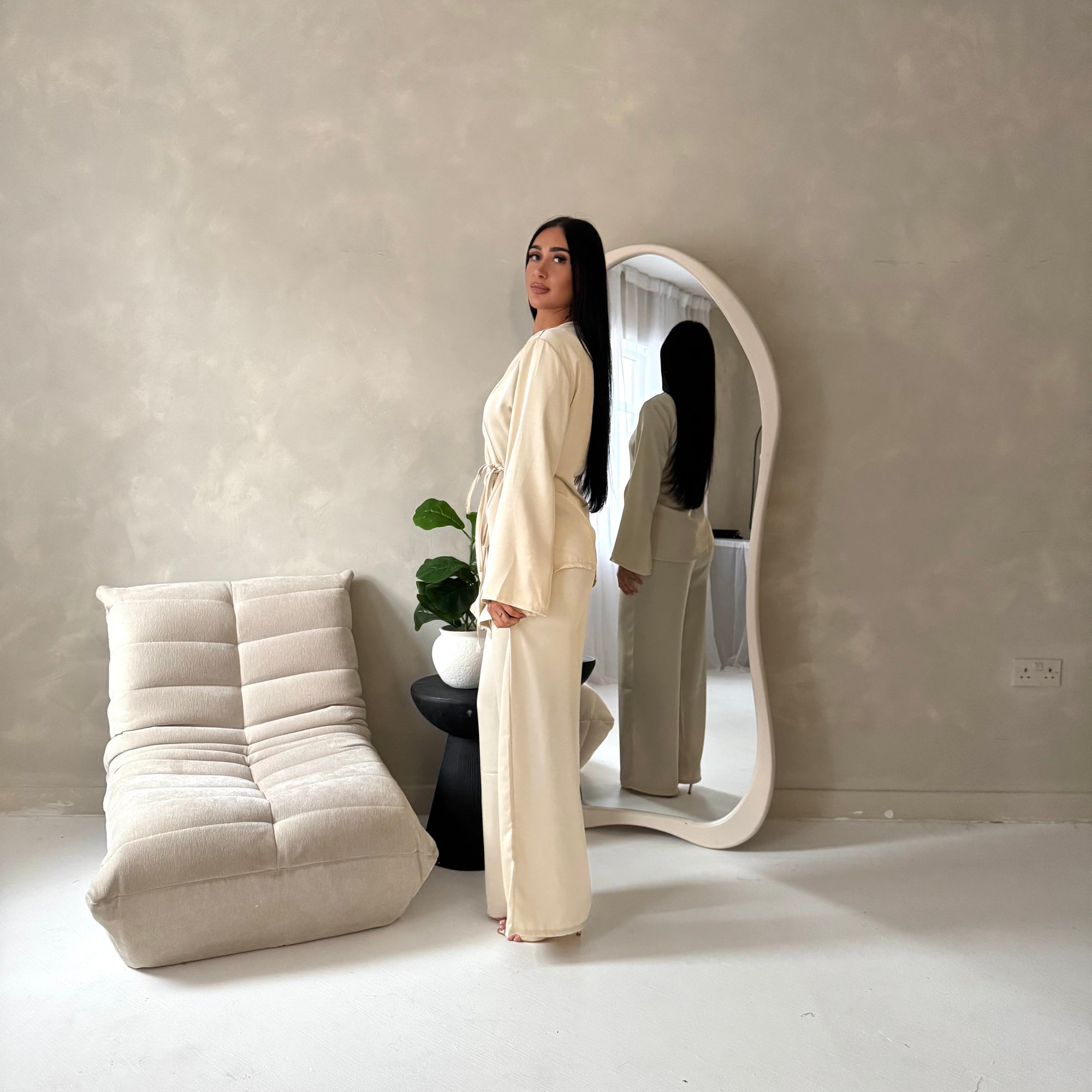 Fria Beige Plain Soft Satin Wrap Trouser Co Ord Set