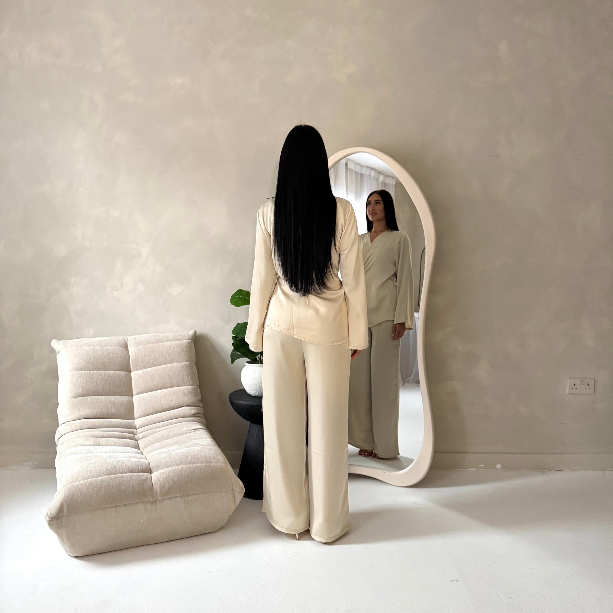 Fria Beige Plain Soft Satin Wrap Trouser Co Ord Set