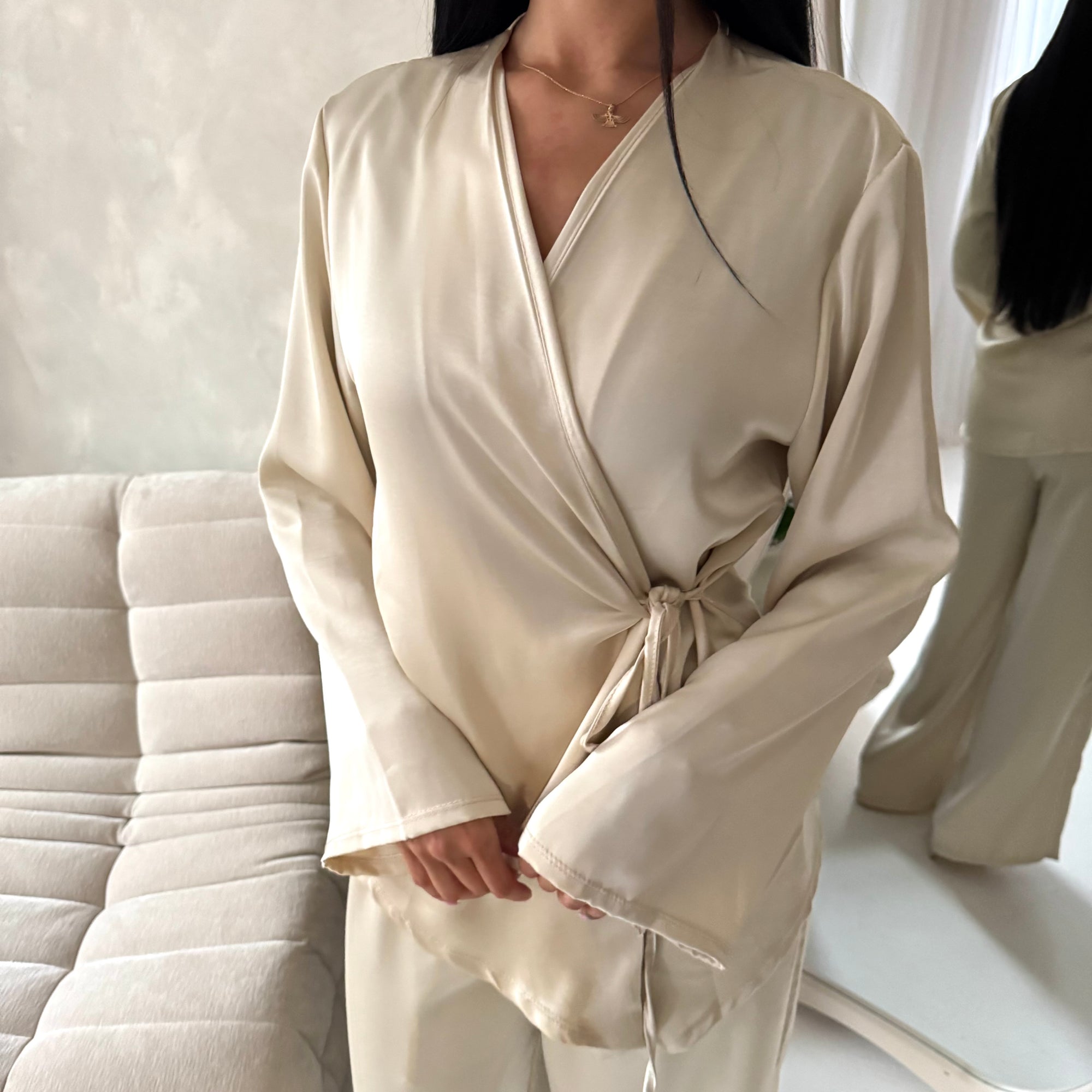 Fria Beige Plain Soft Satin Wrap Trouser Co Ord Set