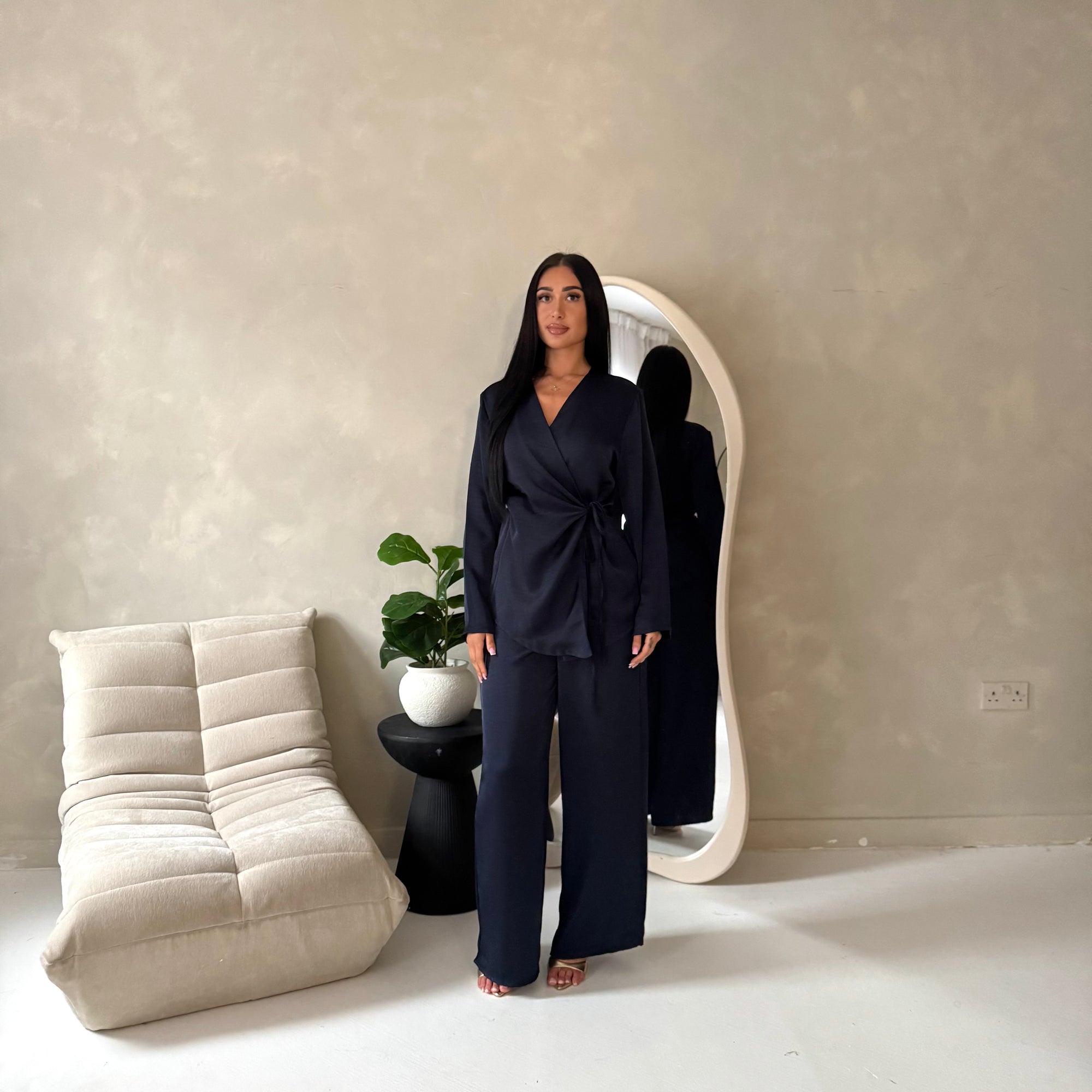 Fria Navy Plain Soft Satin Wrap Trouser Co Ord Set