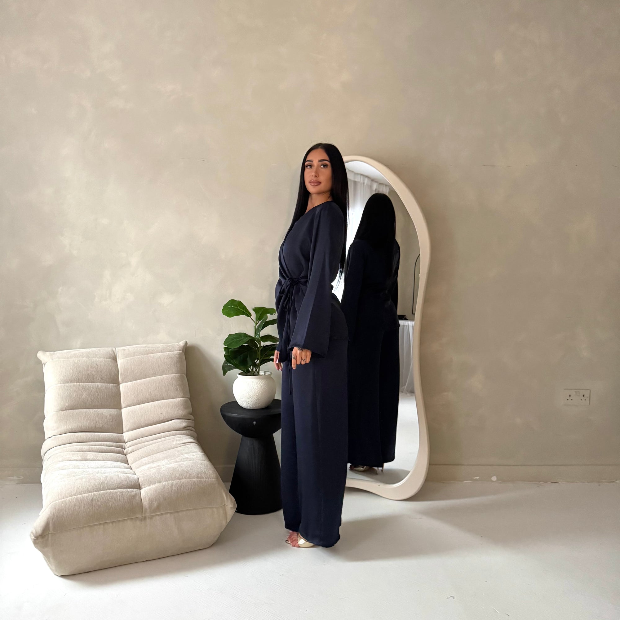 Fria Navy Plain Soft Satin Wrap Trouser Co Ord Set
