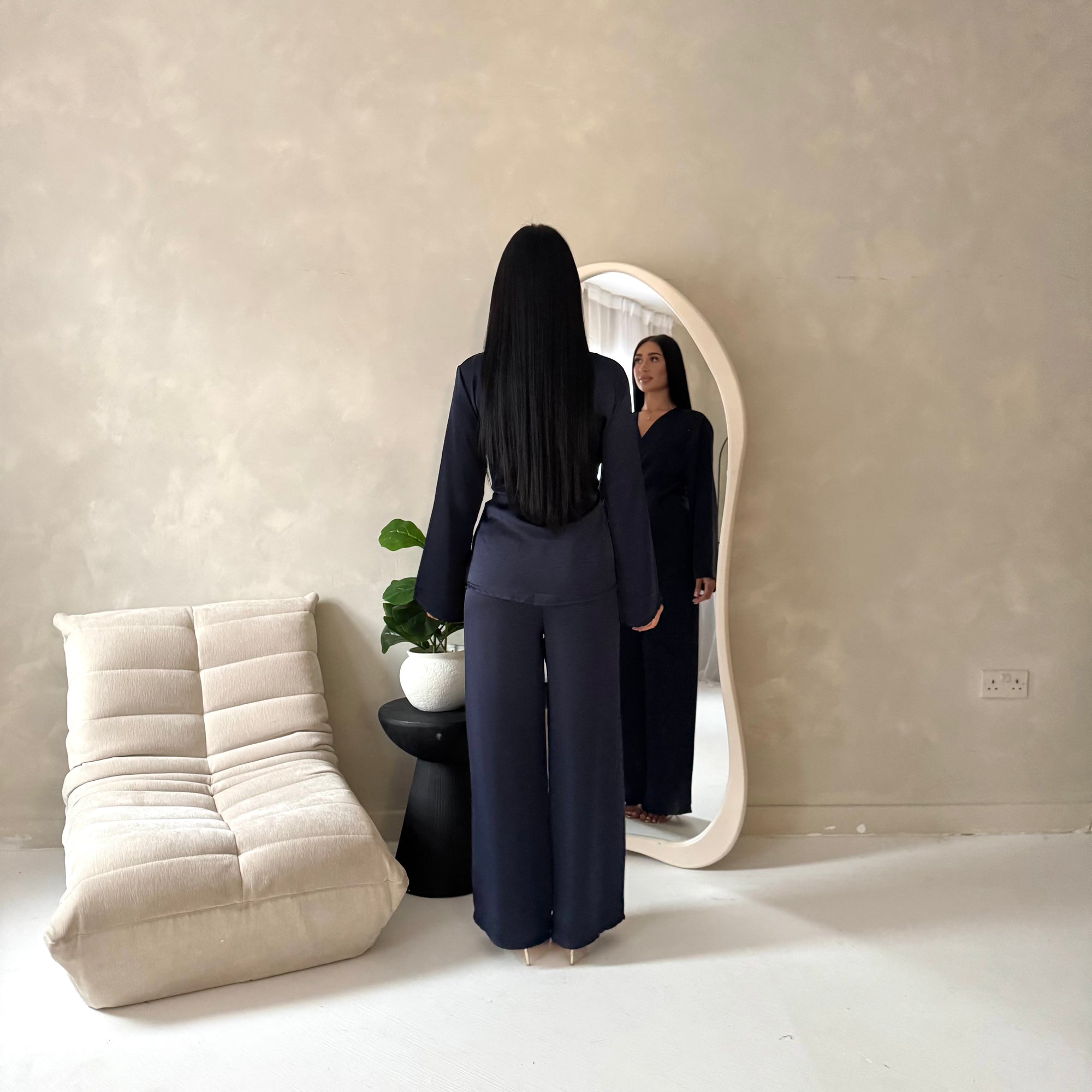 Fria Navy Plain Soft Satin Wrap Trouser Co Ord Set