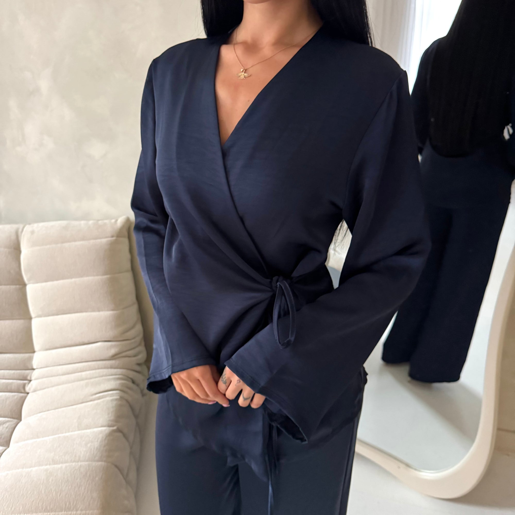 Fria Navy Plain Soft Satin Wrap Trouser Co Ord Set