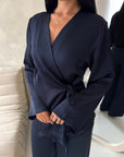 Fria Navy Plain Soft Satin Wrap Trouser Co Ord Set