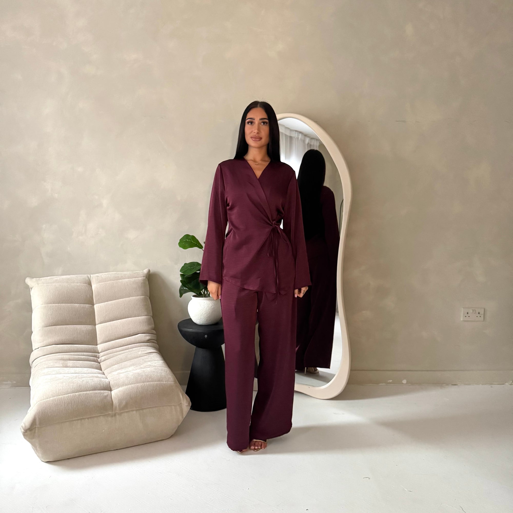 Fria Wine Plain Soft Satin Wrap Trouser Co Ord Set