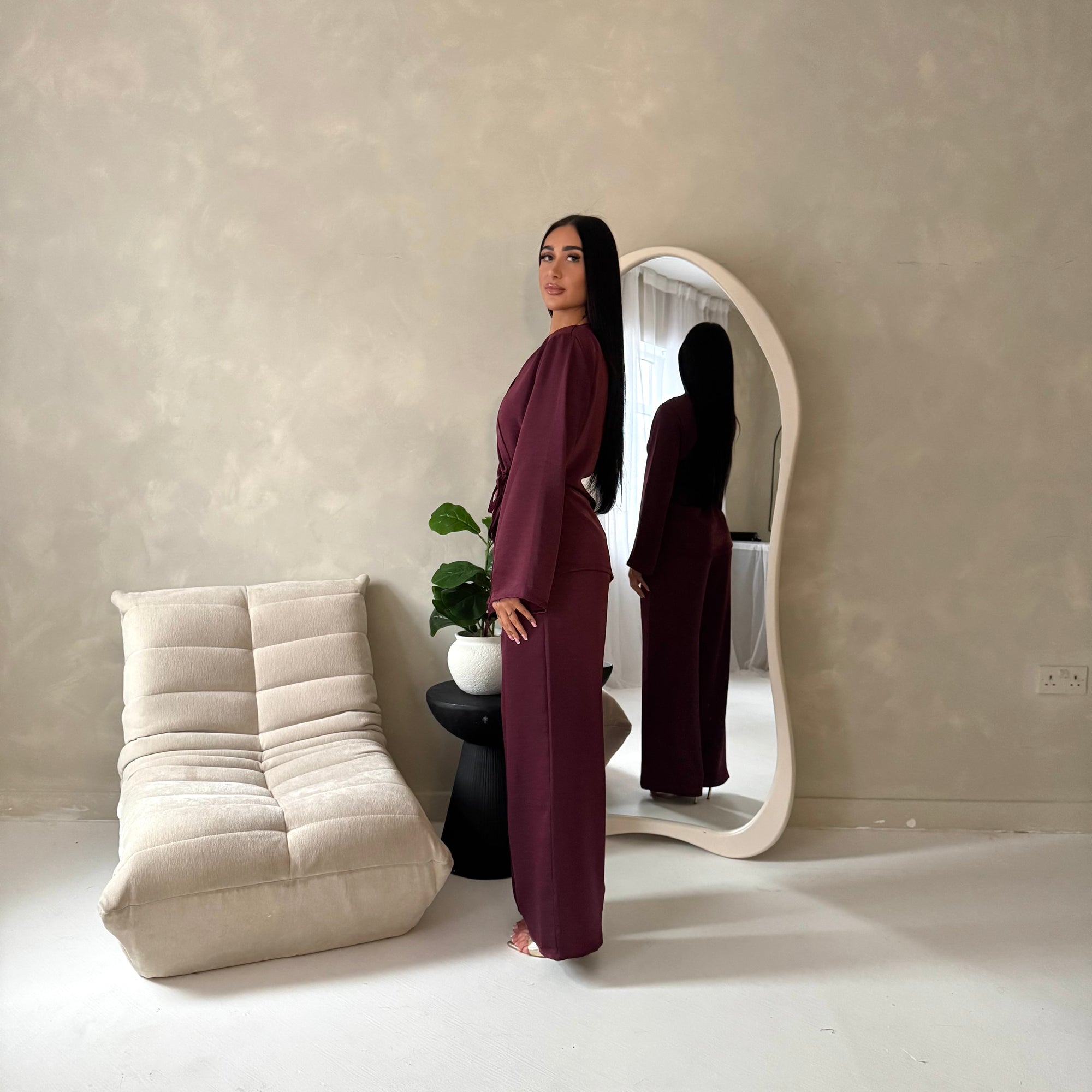 Fria Wine Plain Soft Satin Wrap Trouser Co Ord Set