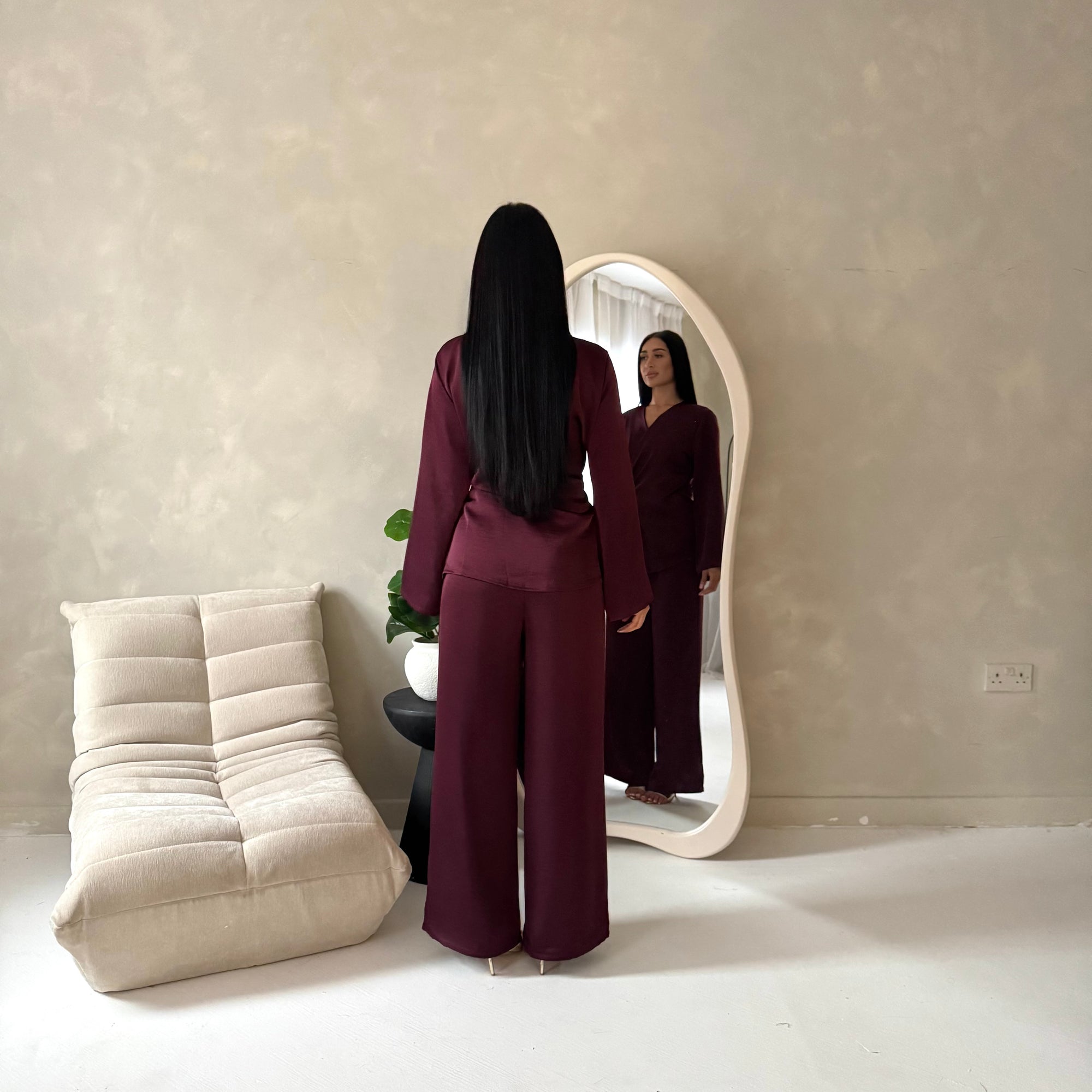 Fria Wine Plain Soft Satin Wrap Trouser Co Ord Set