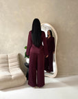 Fria Wine Plain Soft Satin Wrap Trouser Co Ord Set