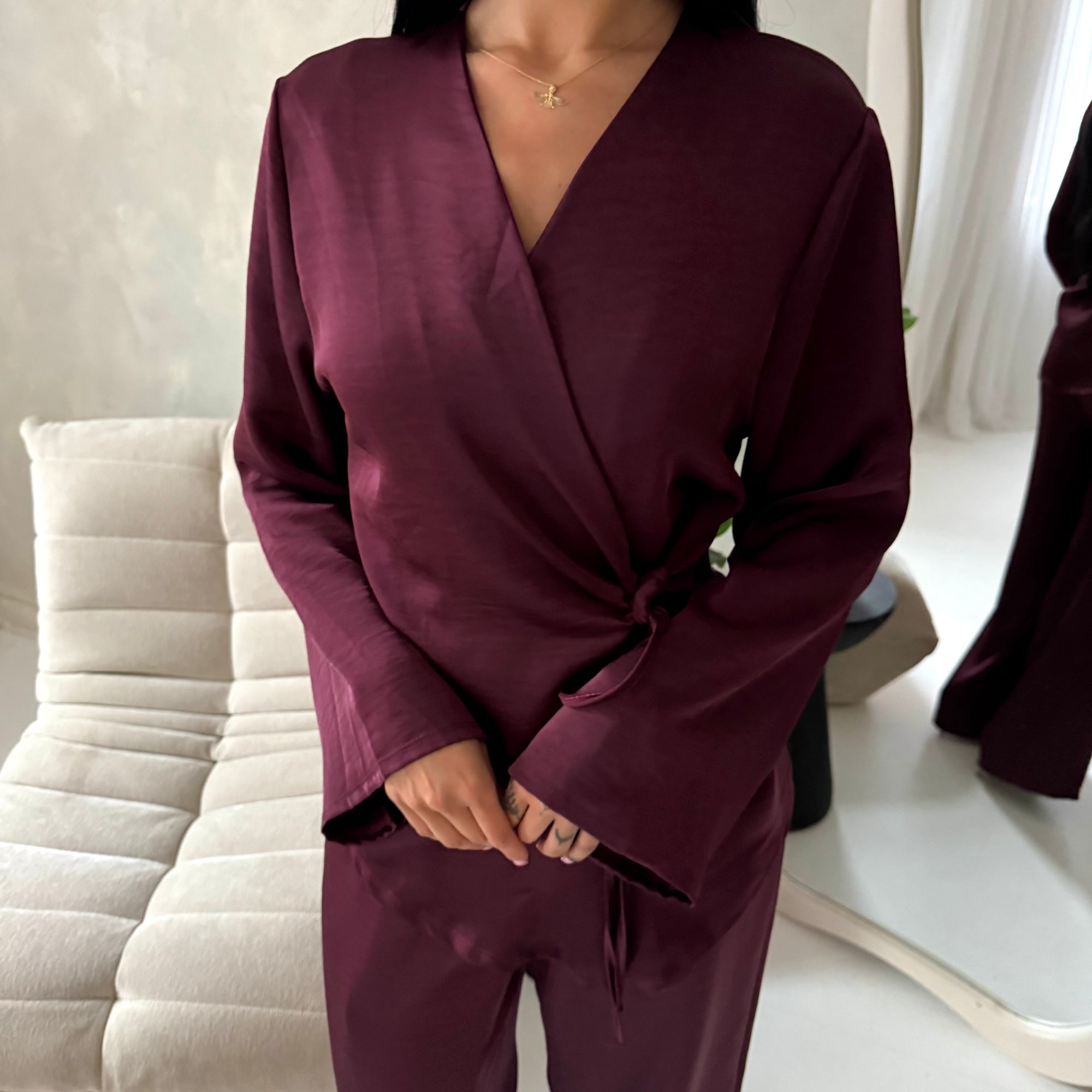 Fria Wine Plain Soft Satin Wrap Trouser Co Ord Set