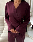Fria Wine Plain Soft Satin Wrap Trouser Co Ord Set