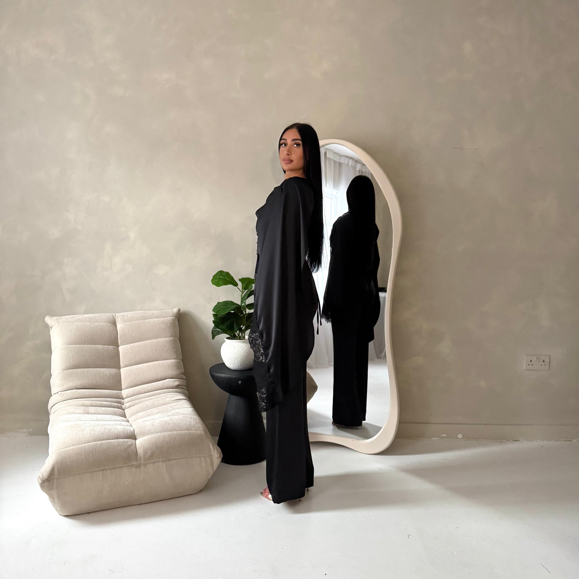 Aliza Black Lace Trim Asymmetrical Cape Modest Top