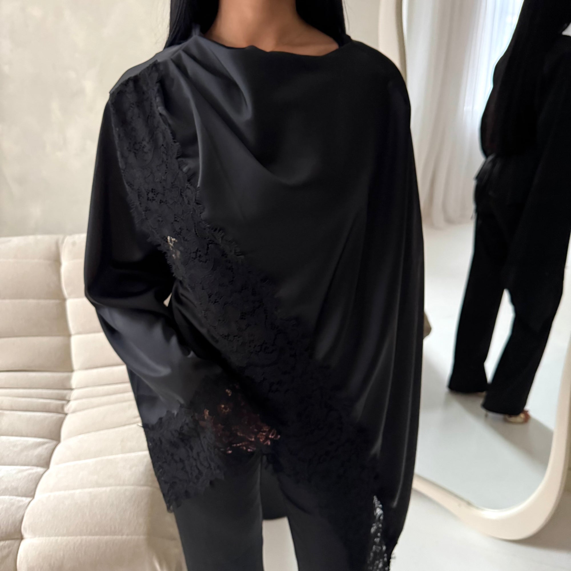 Aliza Black Lace Trim Asymmetrical Cape Modest Top