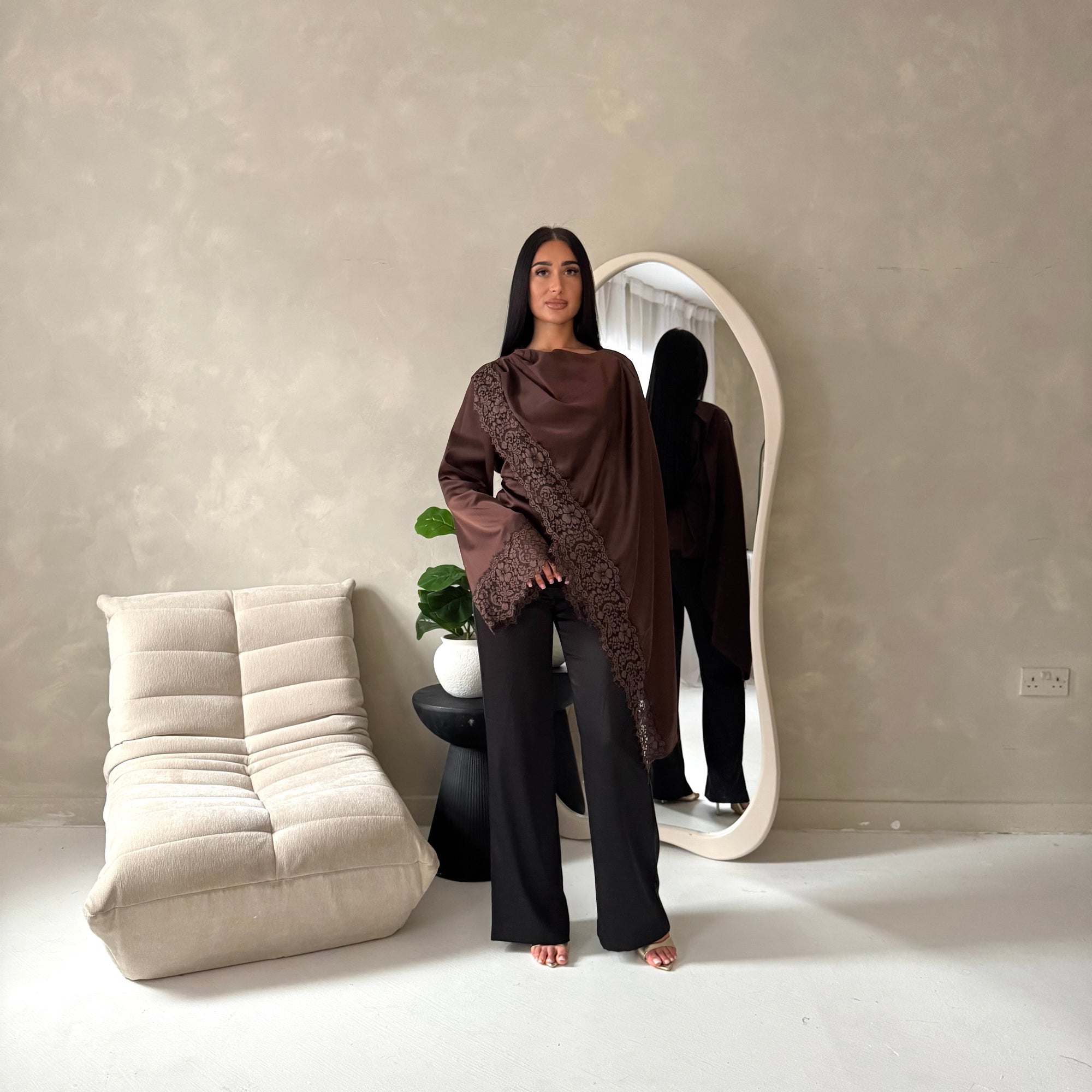 Aliza Brown Lace Trim Asymmetrical Cape Modest Top