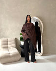 Aliza Brown Lace Trim Asymmetrical Cape Modest Top
