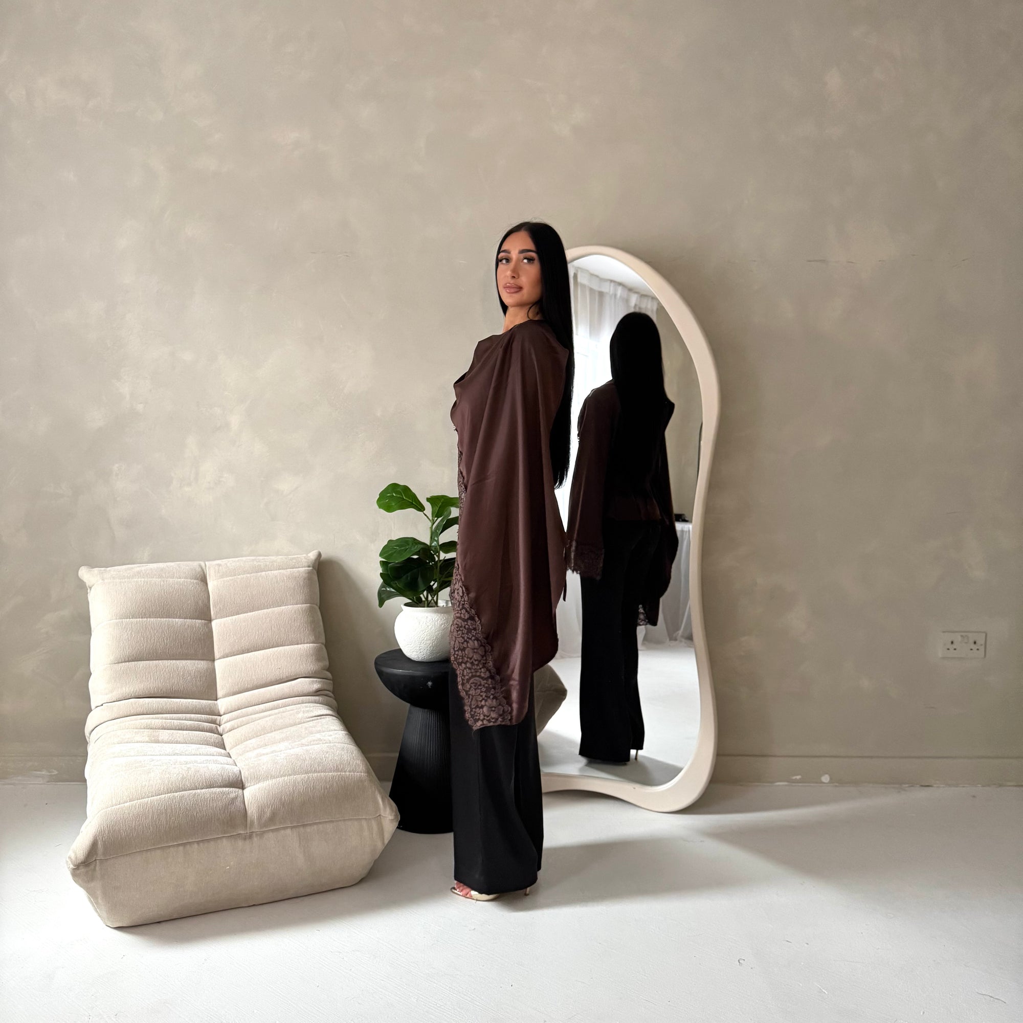 Aliza Brown Lace Trim Asymmetrical Cape Modest Top