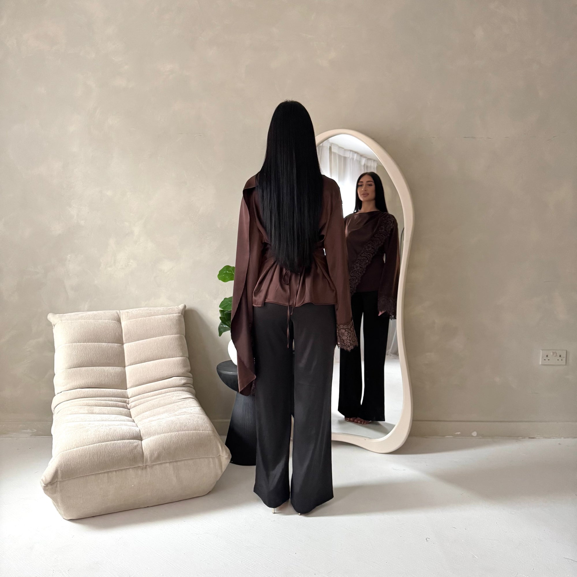 Aliza Brown Lace Trim Asymmetrical Cape Modest Top