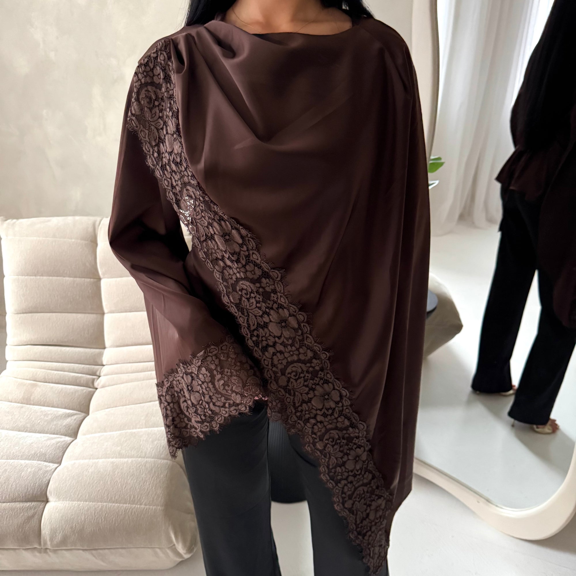 Aliza Brown Lace Trim Asymmetrical Cape Modest Top
