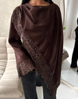 Aliza Brown Lace Trim Asymmetrical Cape Modest Top